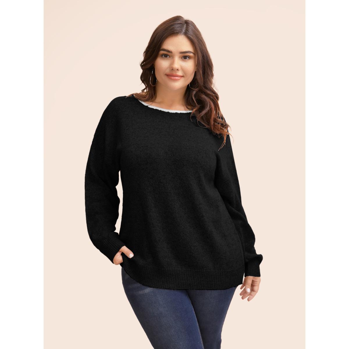 Plus Size Round Neck Bowknot Cut Out Pullover Black Women Casual Long Sleeve Round Neck Everyday Pullovers BloomChic 14-16/1X Product Image