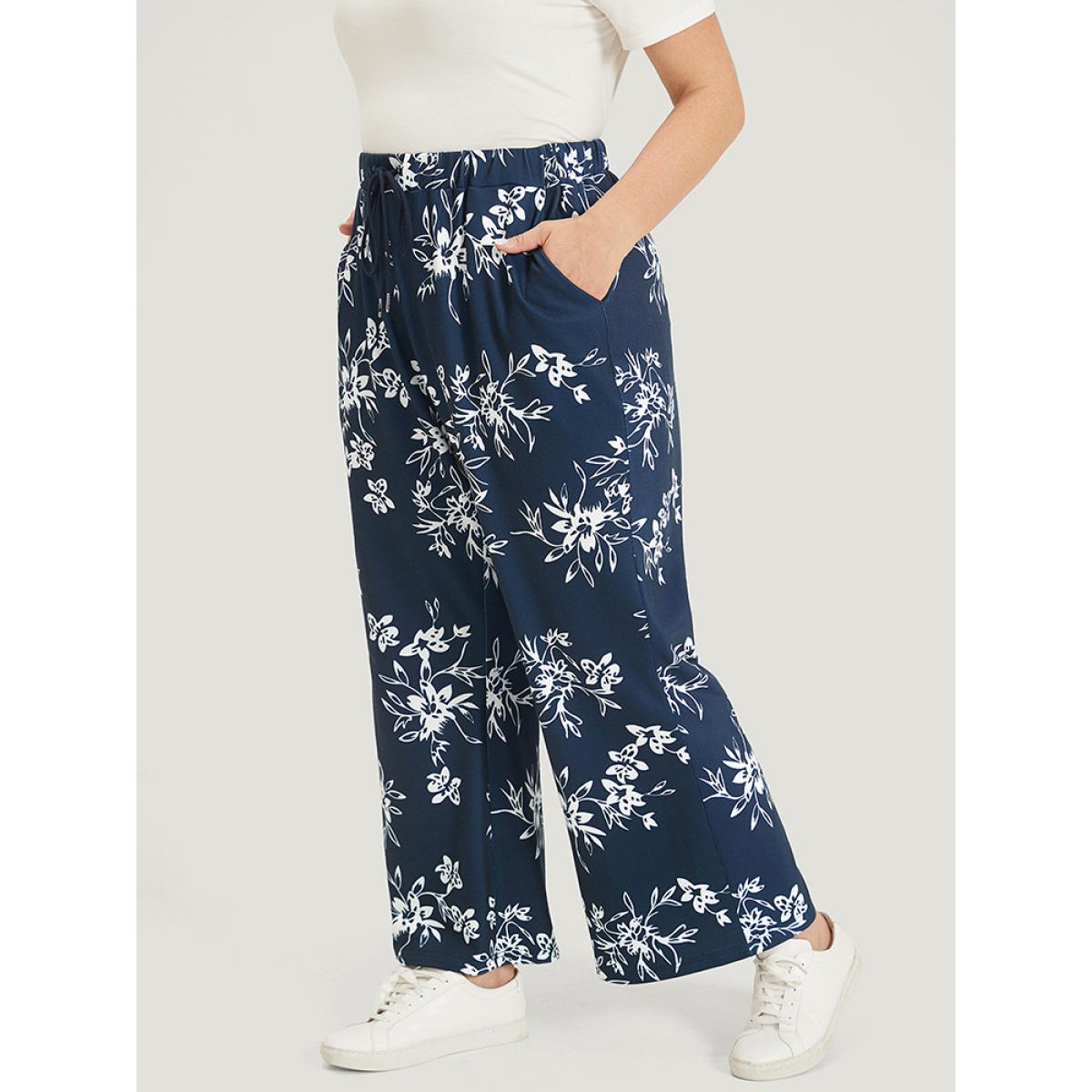 Silhouette Floral Print Drawstring Pocket Sweatpants Indigo Plus Size Women Casual Everyday Elastic Waist 26/4X Bloomchic Product Image
