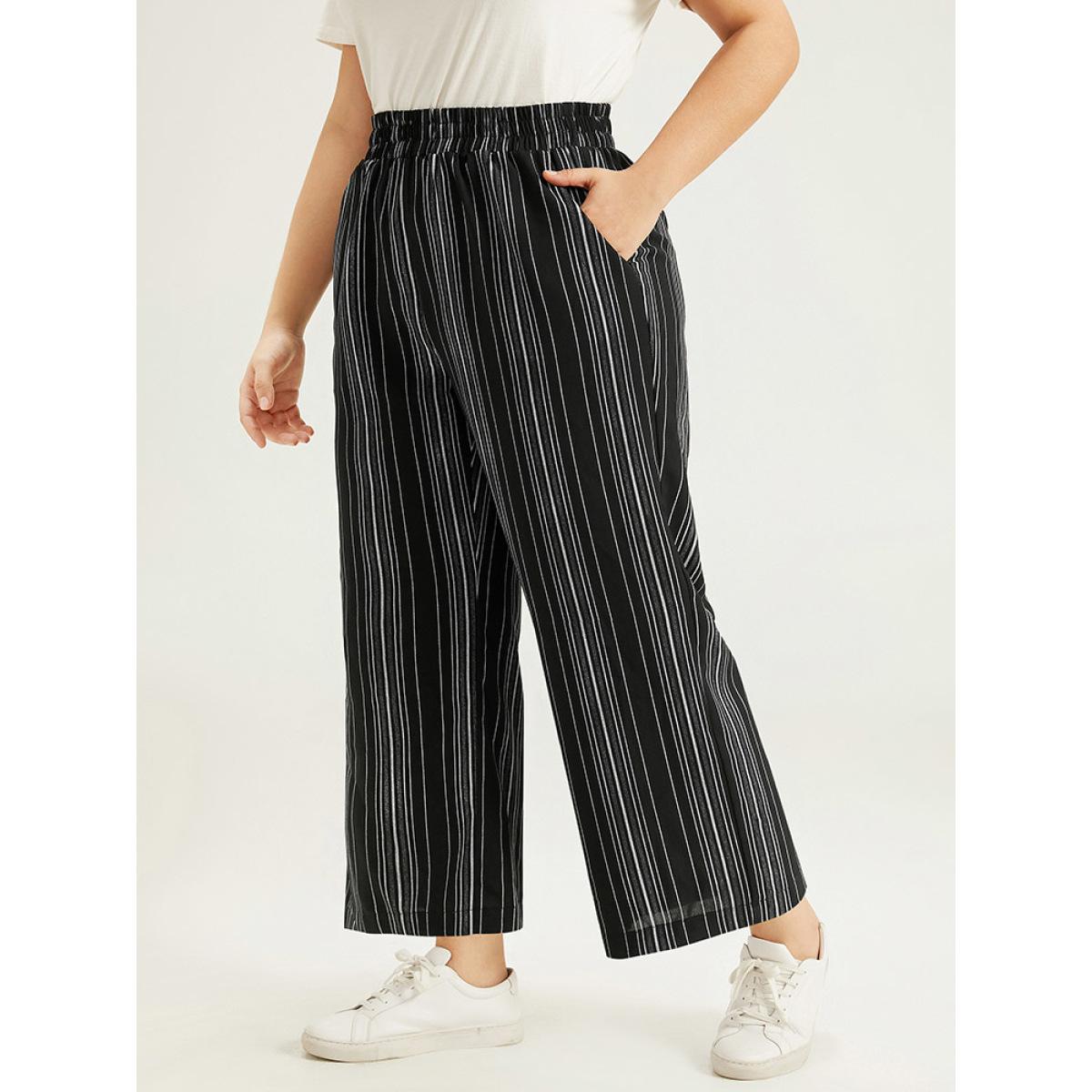 Plus Size Striped Elastic Waist Straight Leg Pants Women Black Casual Straight Leg High Rise Dailywear Pants BloomChic 22-24/3X Product Image