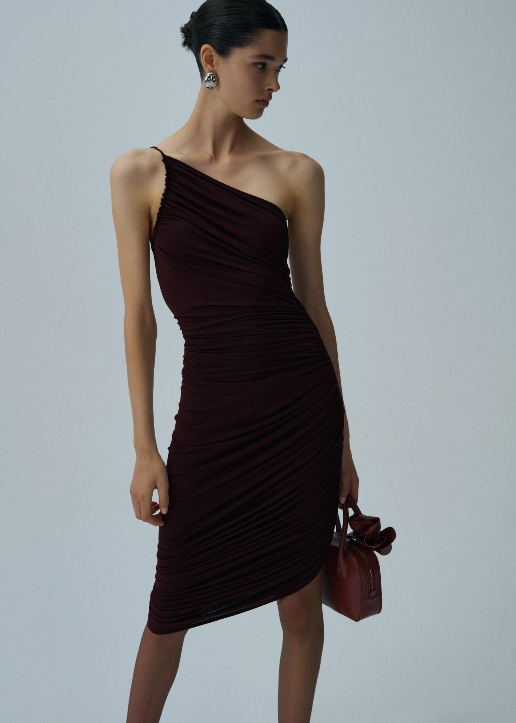 Asymmetrical draped midi dress in bordeaux Product Image