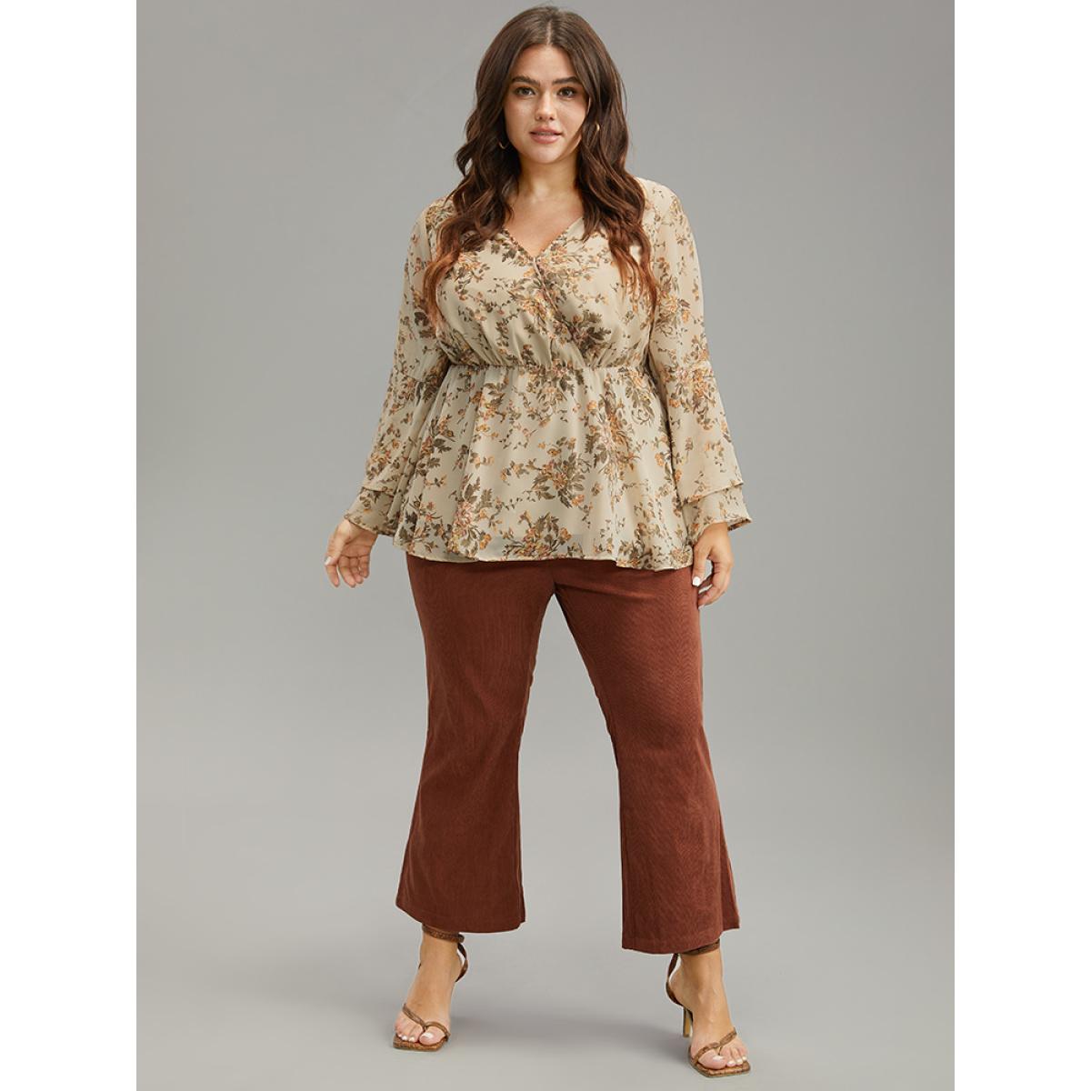 Plus Size Apricot Floral Wrap Tiered Ruffles Bell Sleeve Blouse Women Elegant Long Sleeve V-neck Everyday Blouses BloomChic 14-16/1X Product Image