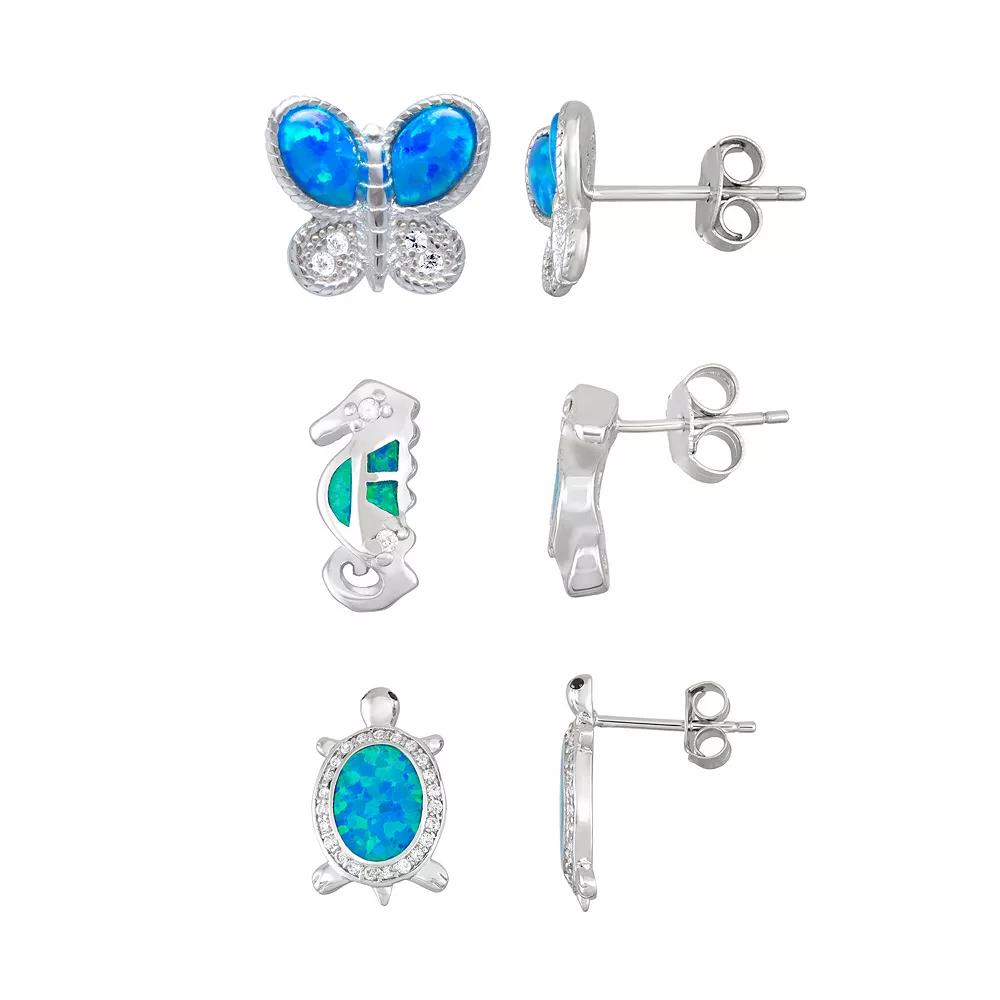 Sterling Silver Lab-Created Blue Opal & Cubic Zirconia Stud Earring Set, Women's Product Image