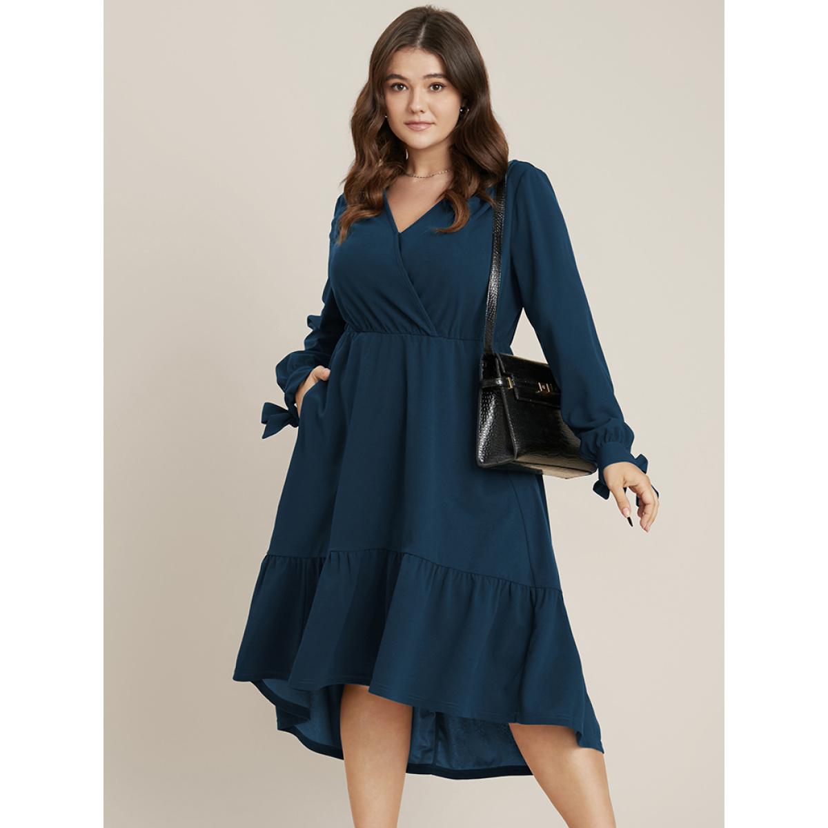 Plus Size Solid Knotted Sleeve Pocket Wrap Ruffle Asymmetrical Hem Dress Aegean Women Office Plain V-neck Long Sleeve Curvy Midi Dress BloomChic 14-16/1X Product Image