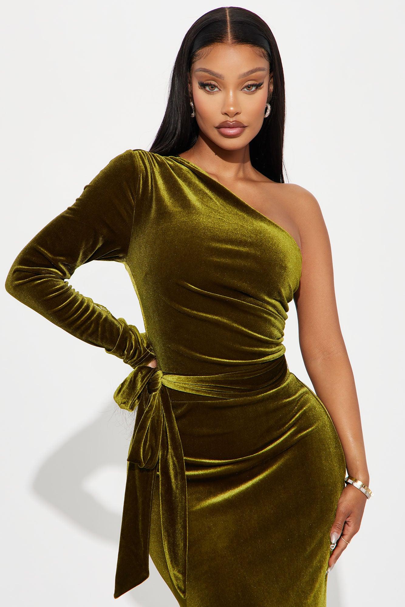 Take A Bow Velvet Gown - Chartreuse Product Image
