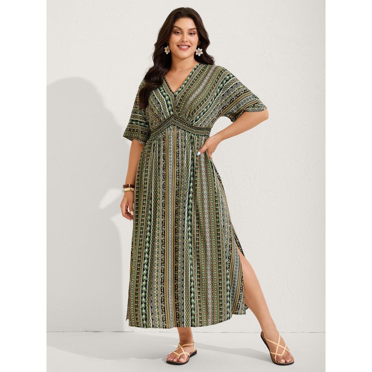Plus Size Striped Contrast Dolman Sleeve Shirred Pocket Split Flutter Dress Truegreen Women Boho Non V-neck Half Sleeve Curvy BloomChic 12/L Product Image