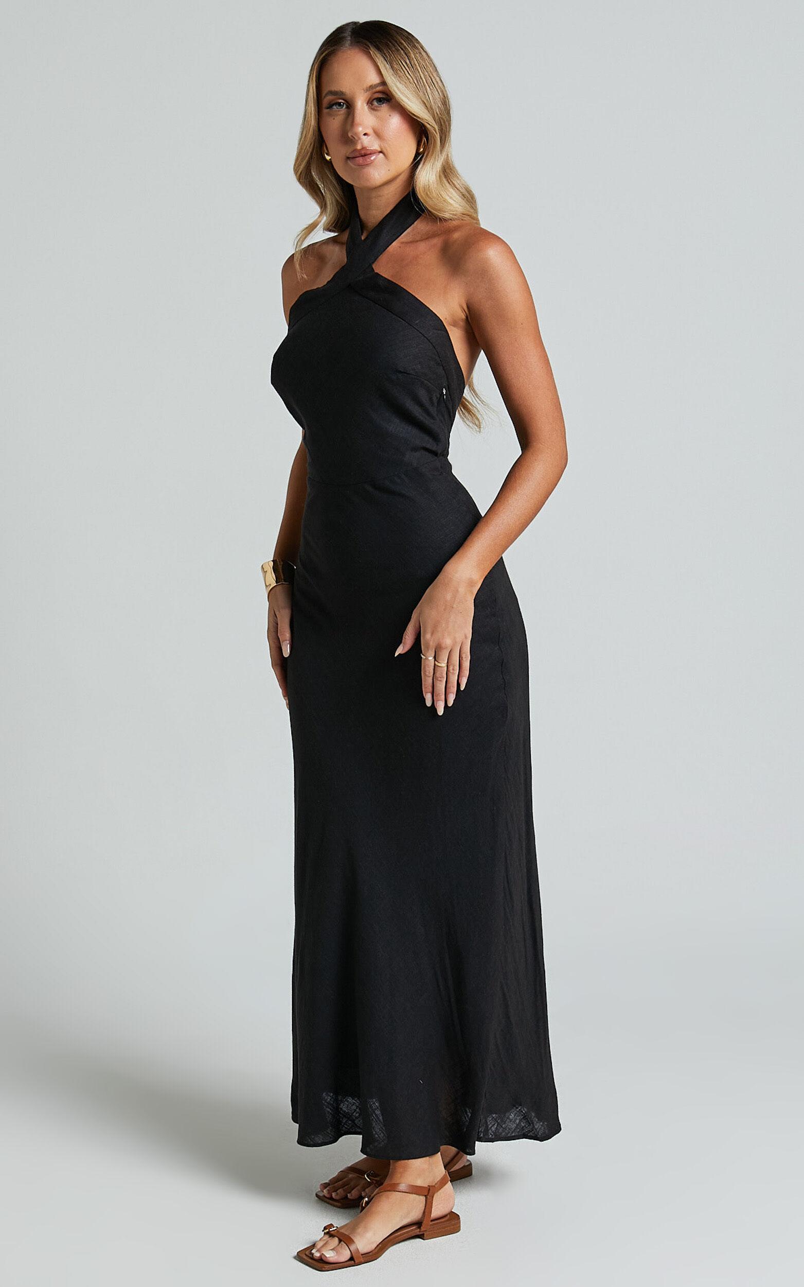 Maelynn Midi Dress - Linen Twist Halter Neck Low Back Slip Dress in Black Product Image