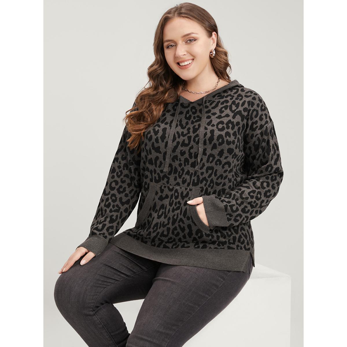 Plus Size Leopard Contrast Pointelle Knit Pocket Drawstring Hooded Knit Top DimGray Women Casual Long Sleeve Hooded Dailywear Pullovers BloomChic 28/5X Product Image