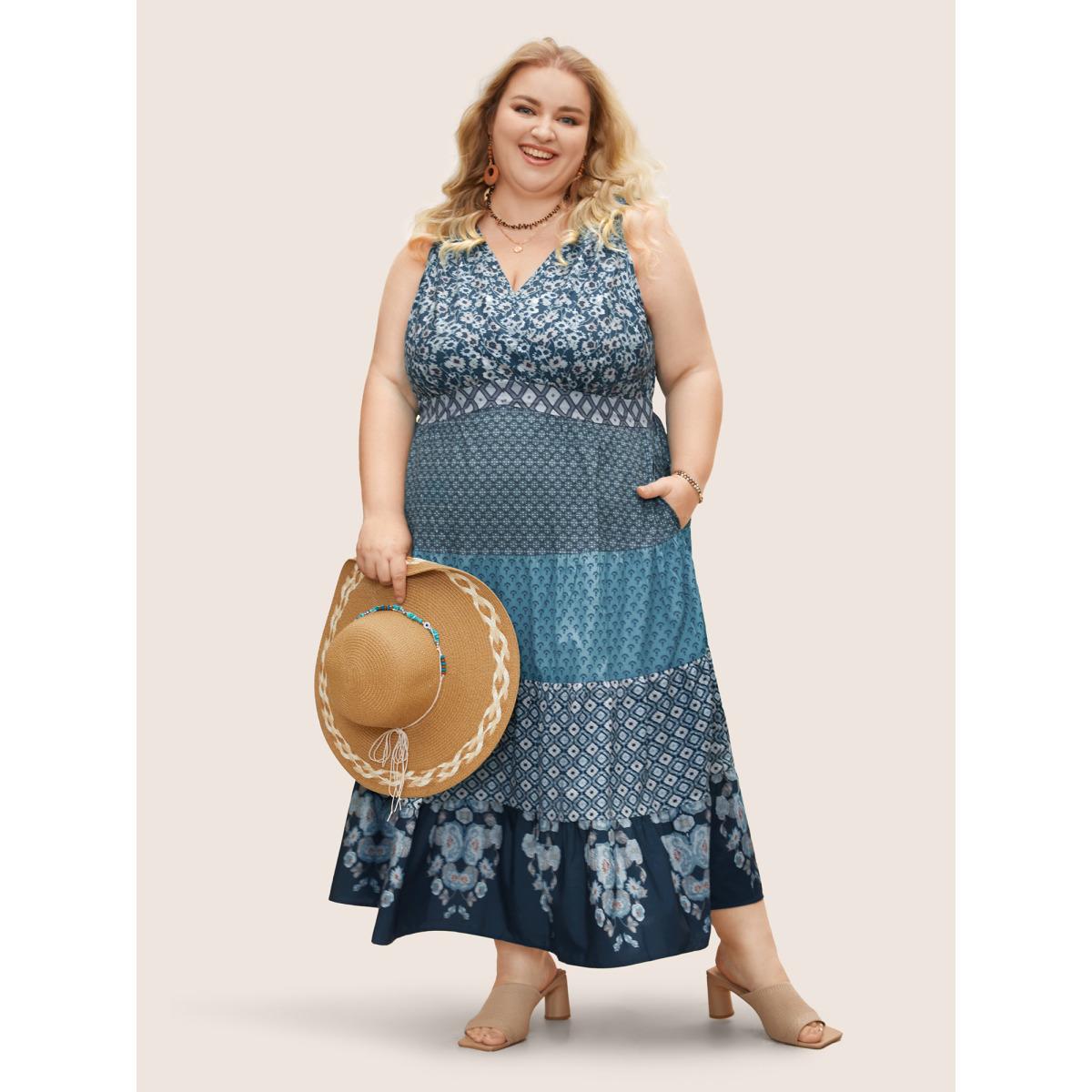 Plus Size Bandana Patchwork Floral Sleeveless Dress Aegean Women Boho Pleated V-neck Sleeveless Curvy BloomChic 28/5X Product Image