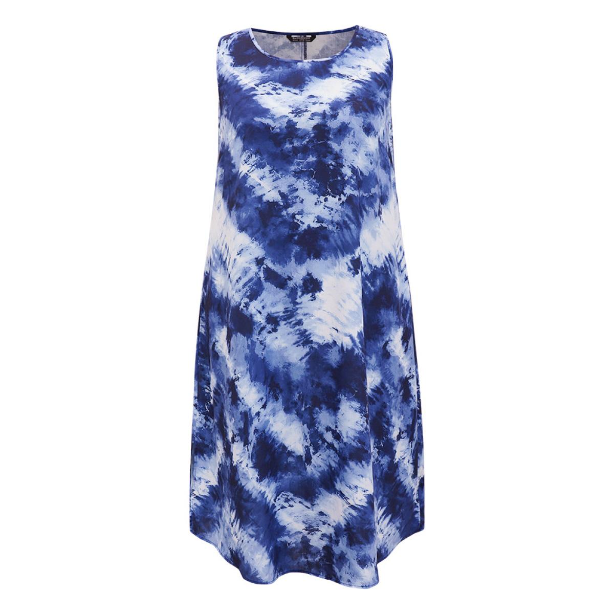Plus Size Tie Dye Crew Neck Pocket Sleeveless Tank Dress DarkBlue Women Vacation Slit Round Neck Sleeveless Curvy Midi Dress BloomChic 14-16/1X Product Image