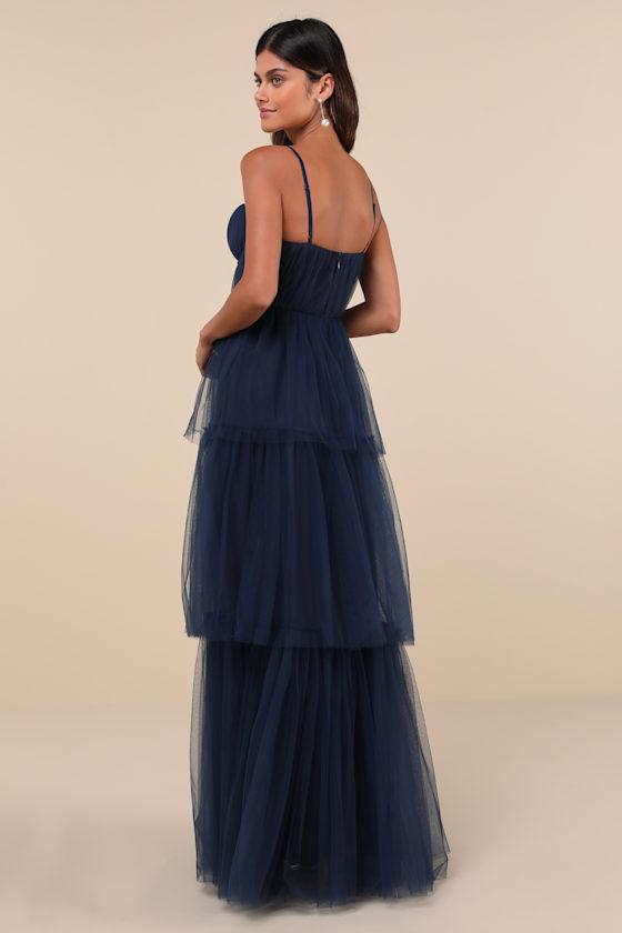 Unforgettable Poise Navy Blue Tulle Bustier Tiered Maxi Dress Product Image