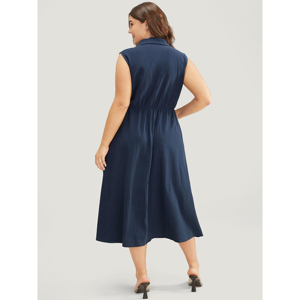 Plus Size Solid Shirt Collar Sleeveless Pocket Button Up Split Hem Dress Indigo Women Office Button Shirt collar Sleeveless Curvy Midi Dress BloomChic 26/4X Product Image