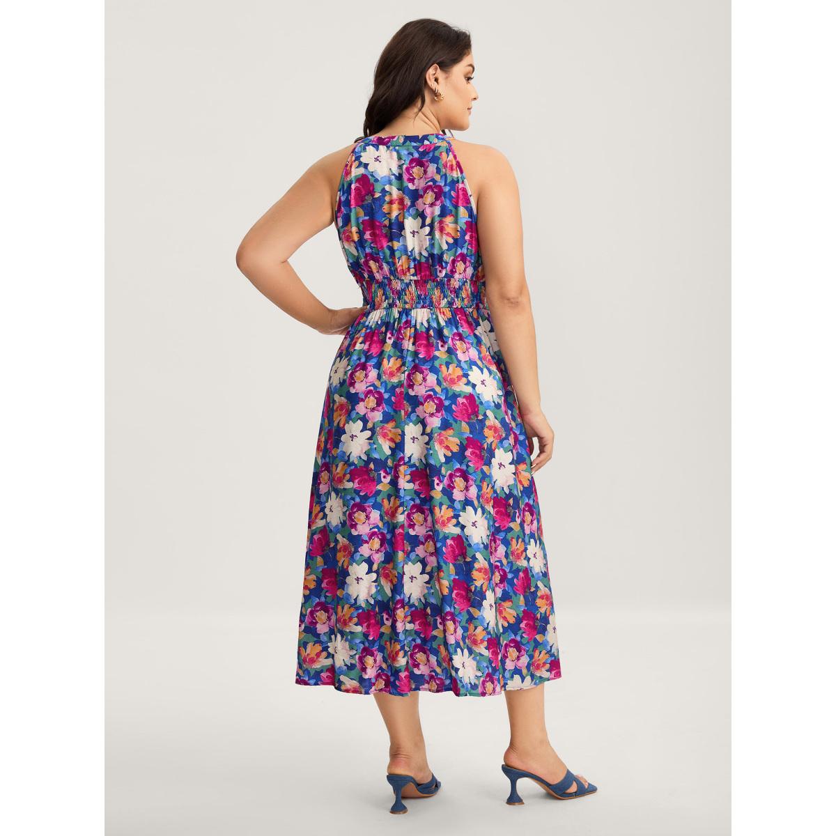 Plus Size Color Block Floral Shirred Waist Midi Dress Multicolor Women Round Neck Sleeveless Curvy BloomChic 10/M Product Image