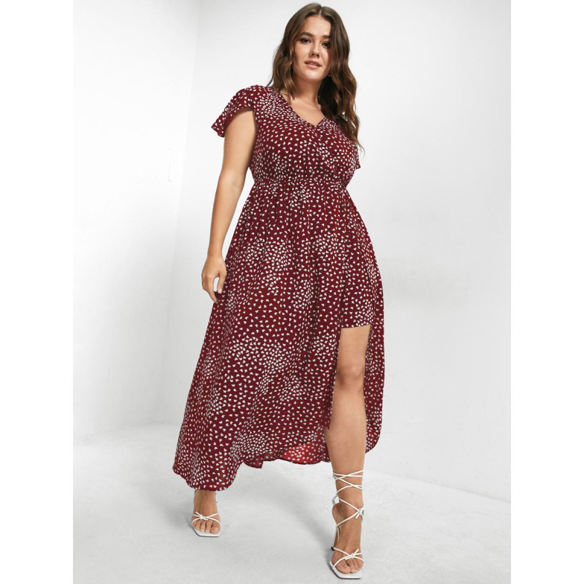 Plus Size V Neck Butterfly Pattern Split Dress Maroon Women Elegant Gathered V-neck Cap Sleeve Curvy Midi Dress BloomChic 30/6X Product Image