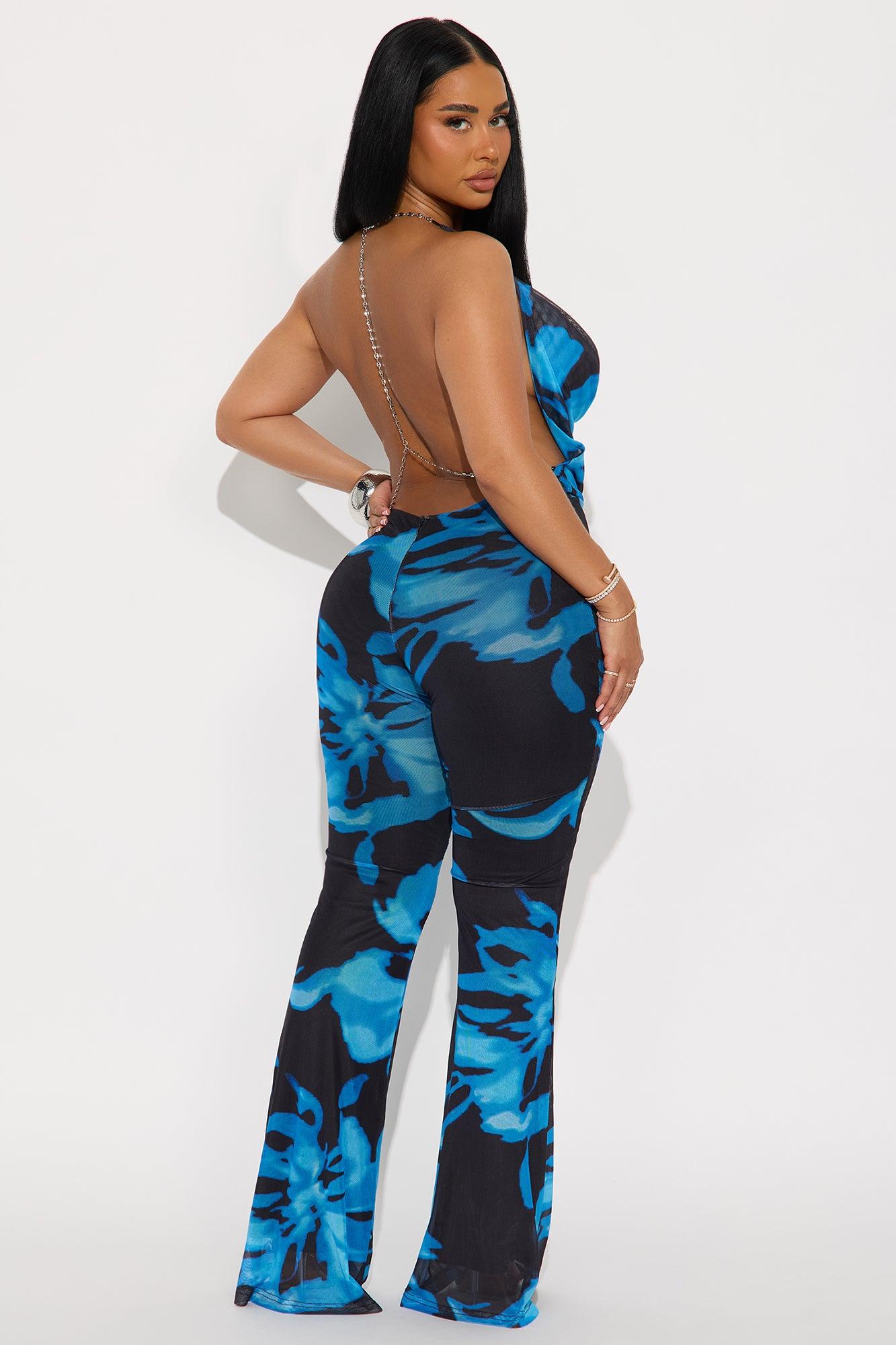Shared Moments Mesh Backless Jumpsuit - Blue/combo Female Product Image