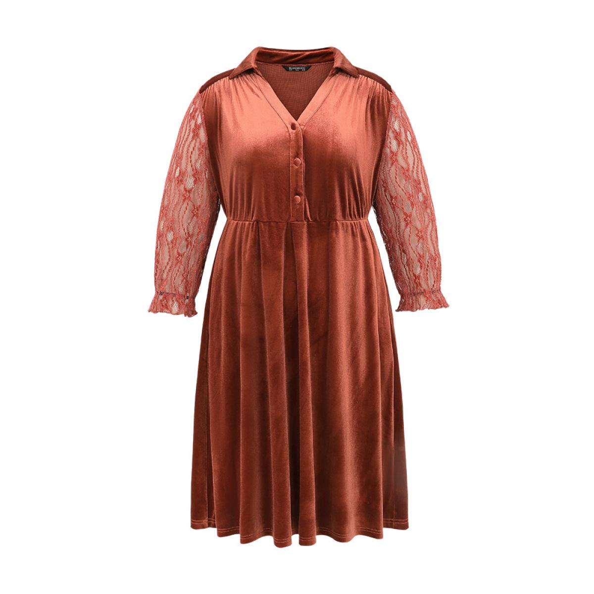 Plus Size Velvet Solid Guipure Lace Flutter Sleeve Dress Russet Women Elegant Velvet Lapel Collar Long Sleeve Curvy Midi Dress BloomChic 10/M Product Image