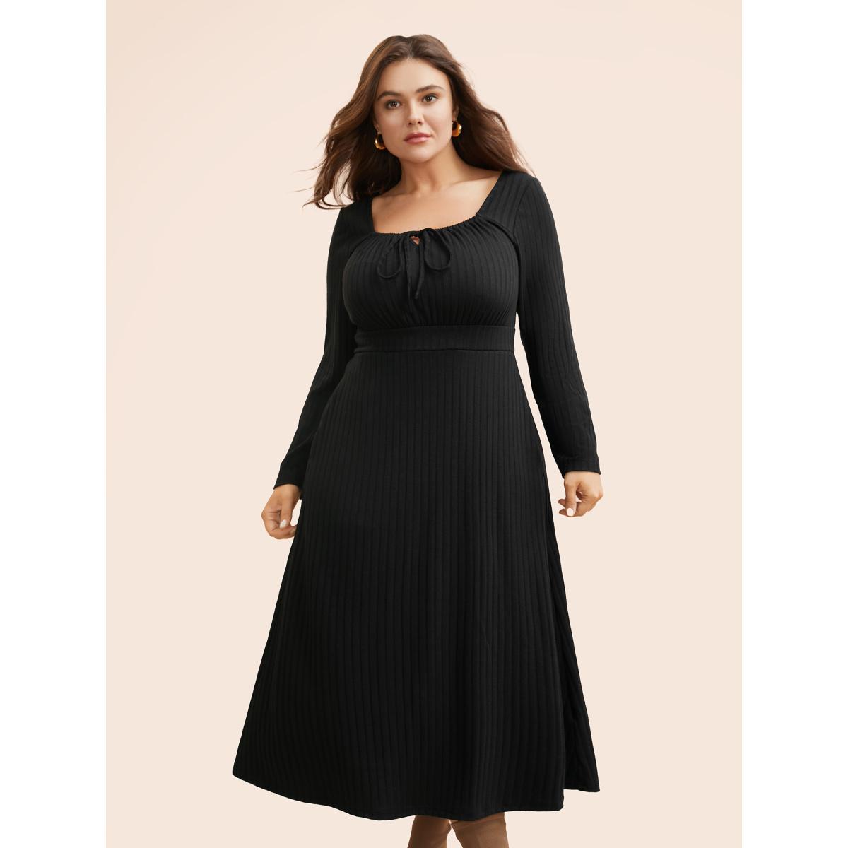 Plus Size Square Neck Rib Knit Drawstring Dress Black Women Elegant Texture Square Neck Long Sleeve Curvy BloomChic 22-24/3X Product Image