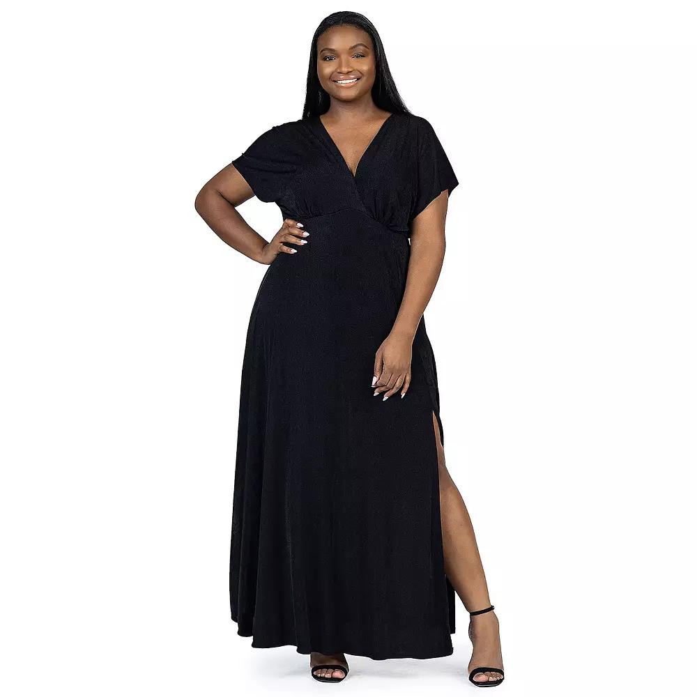 Plus Size 24Seven Comfort Apparel Flutter Sleeve Metallic Knit Maxi Dress Front Slit Empire Waist, Women's, Size: 3XL, Black Product Image