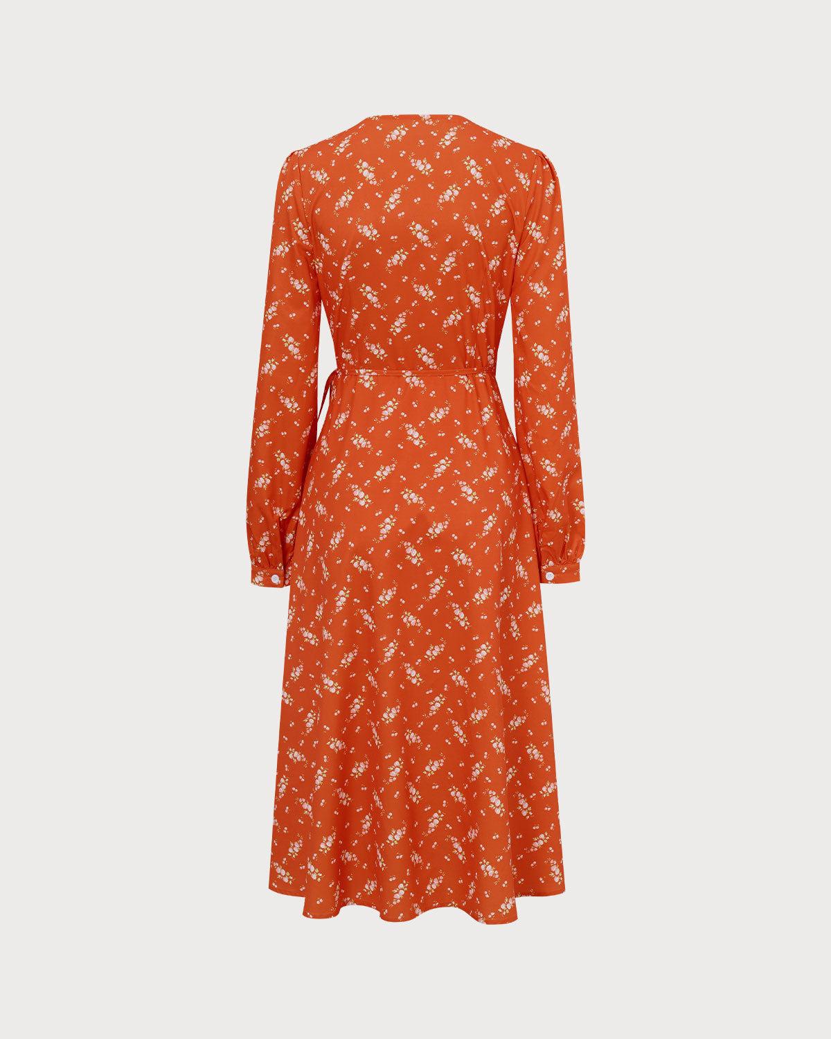 Orange Floral Wrap Midi Dress Product Image