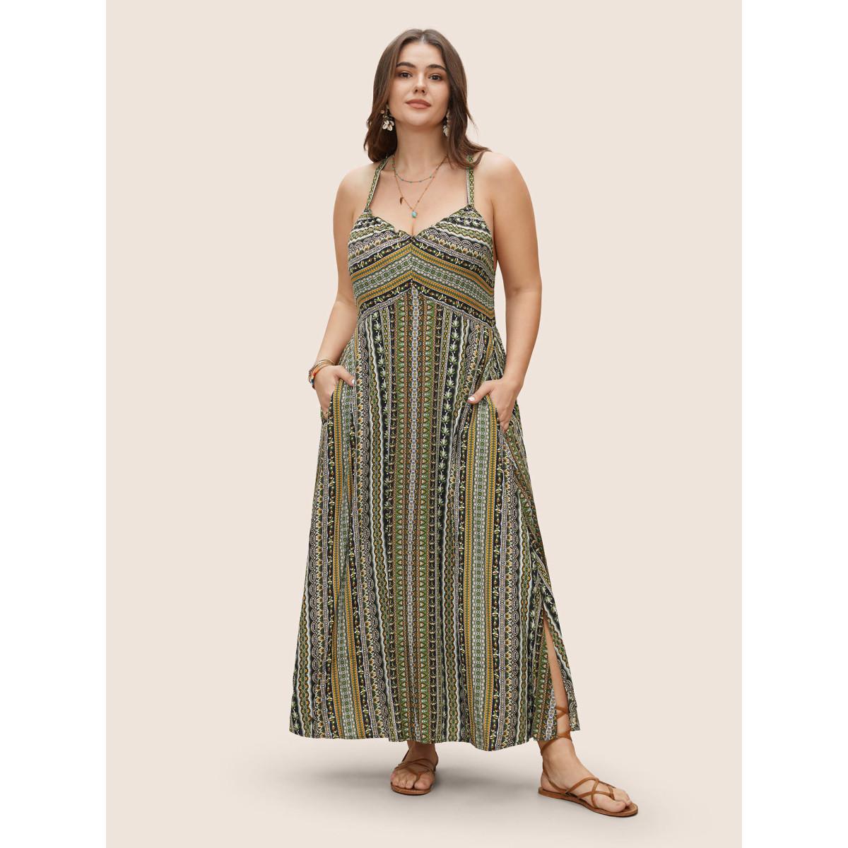 Plus Size Boho Print Elastic Waist Split Hem Cami Dress Truegreen Women Resort Non V-neck Sleeveless Curvy BloomChic 18-20/2X Product Image