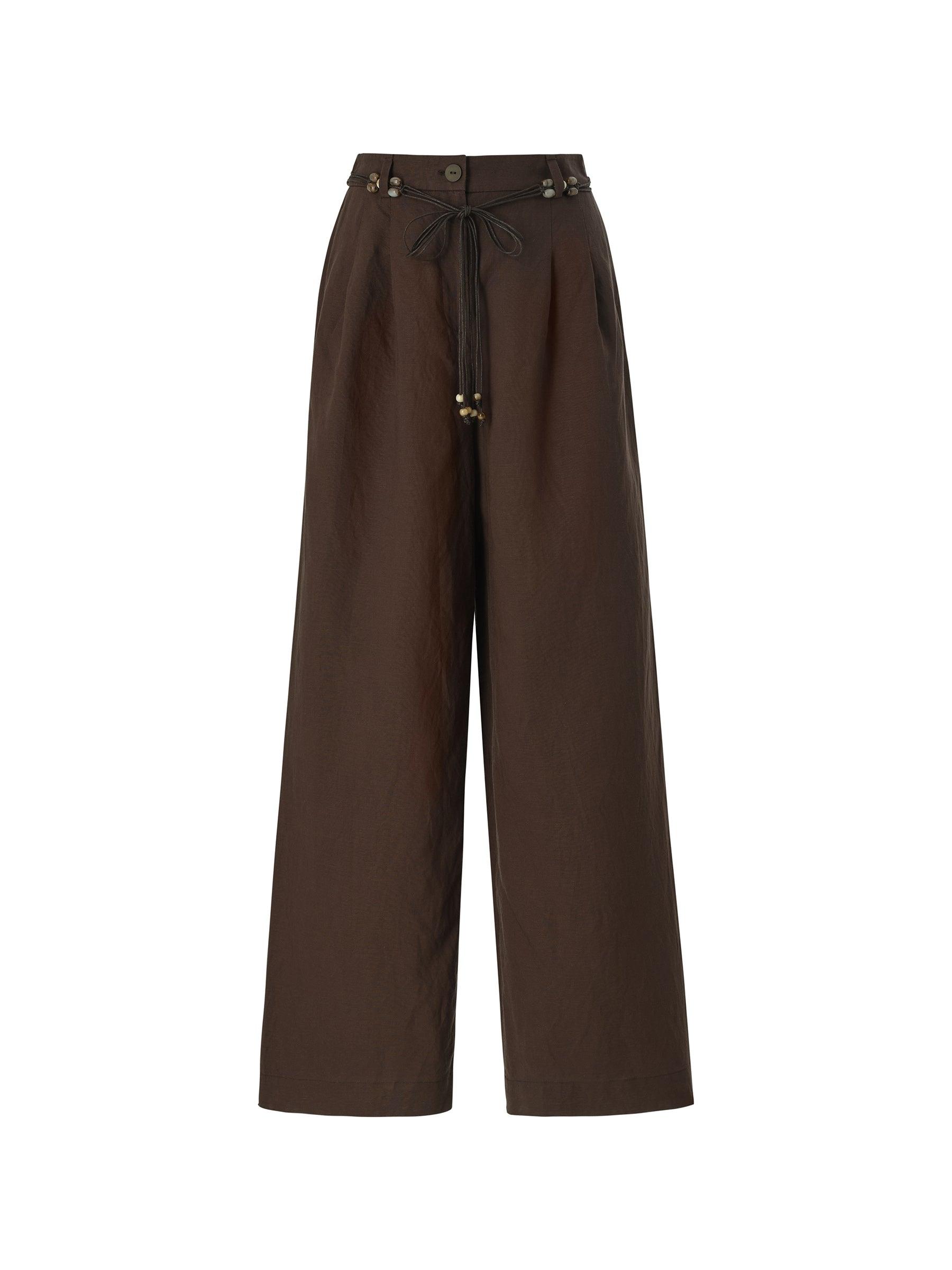 Linen Blend Women Wide Leg Pants With Tie String Belt Product Image
