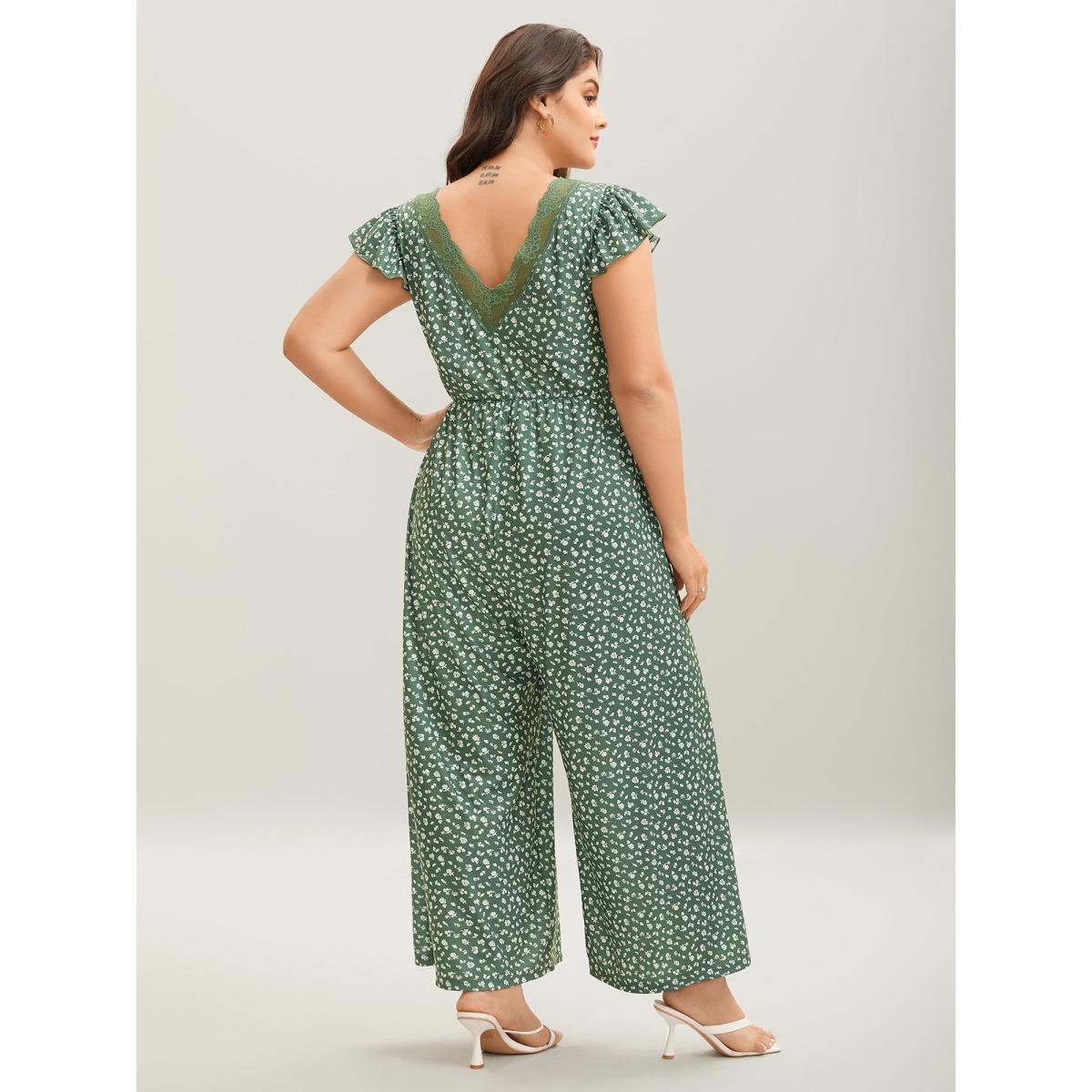 Plus Size Moss Floral Print Backless Ruffled Jumpsuit Women Cap Sleeve V-neck Vacation Loose Jumpsuits BloomChic 28/5X Product Image