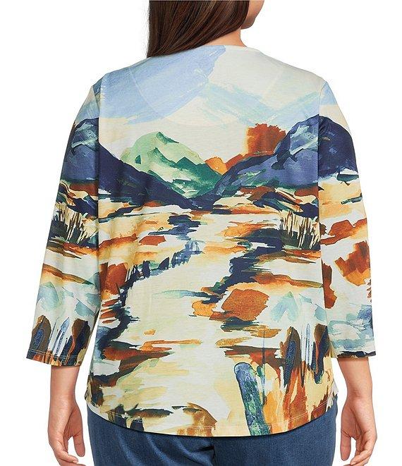 Allison Daley Plus Size Deep Forest Autumn Prairie Print Embellished 3/4 Sleeve Crew Neck Knit Top Product Image