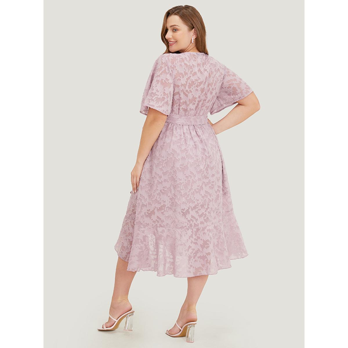 Plus Size Plain Floral Pocket Belted Mesh Ruffle Trim Wrap Midi Dress Lilac Women Glamour Lined V-neck Short sleeve Curvy Midi Dress BloomChic 30/6X Product Image