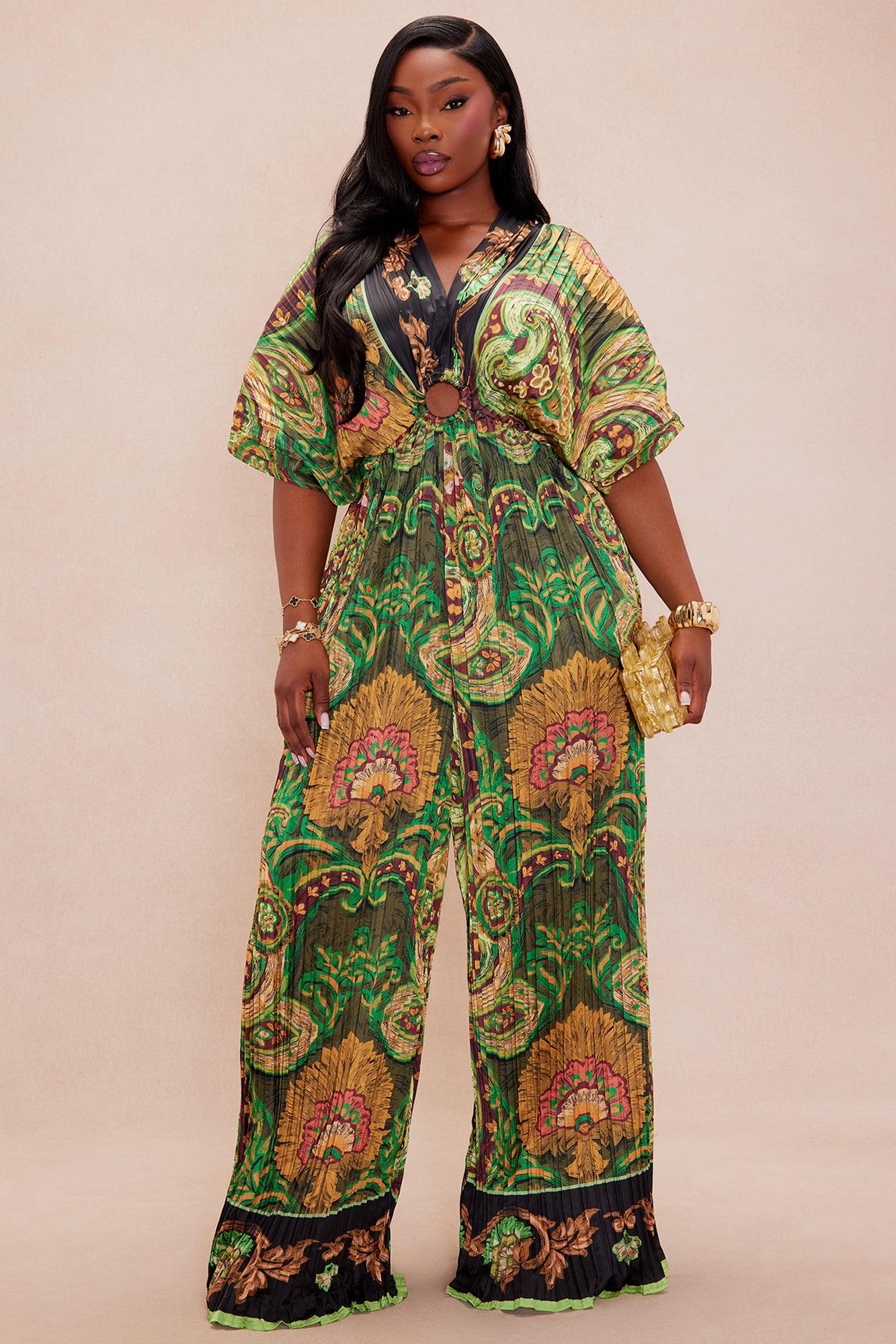 Kamari Pleated Wide Leg Jumpsuit - Olive/combo Product Image