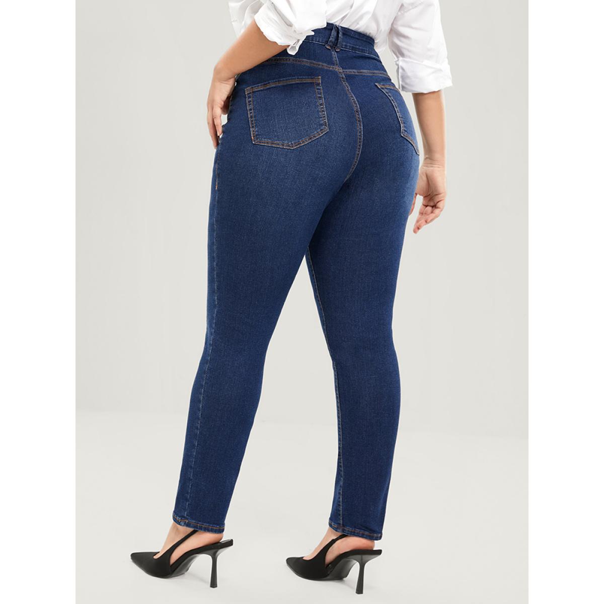 Plus Size Straight Very Stretchy High Rise Dark Wash Jeans Women DarkBlue Casual Plain Plain High stretch Pocket Jeans BloomChic 12/L Product Image