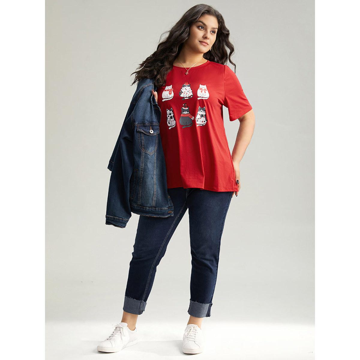 Plus Size Christmas Cat Print Round Neck T-shirt Red Women Casual Printed Christmas Festival-Christmas T-shirts BloomChic 10/M Product Image