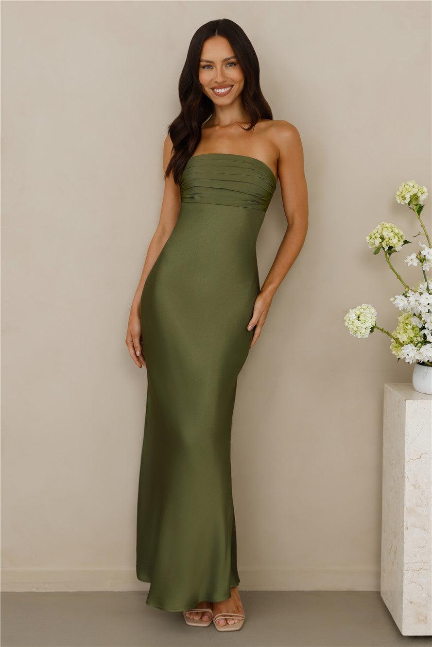 The Seraphina Strapless Satin Maxi Dress Olive Product Image