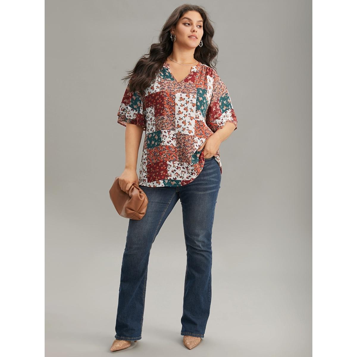 Plus Size Scarlet Ditsy Floral Colorblock Contrast Notched Blouse Women Vacation Short sleeve Notched collar Vacation Blouses BloomChic 14-16/1X Product Image