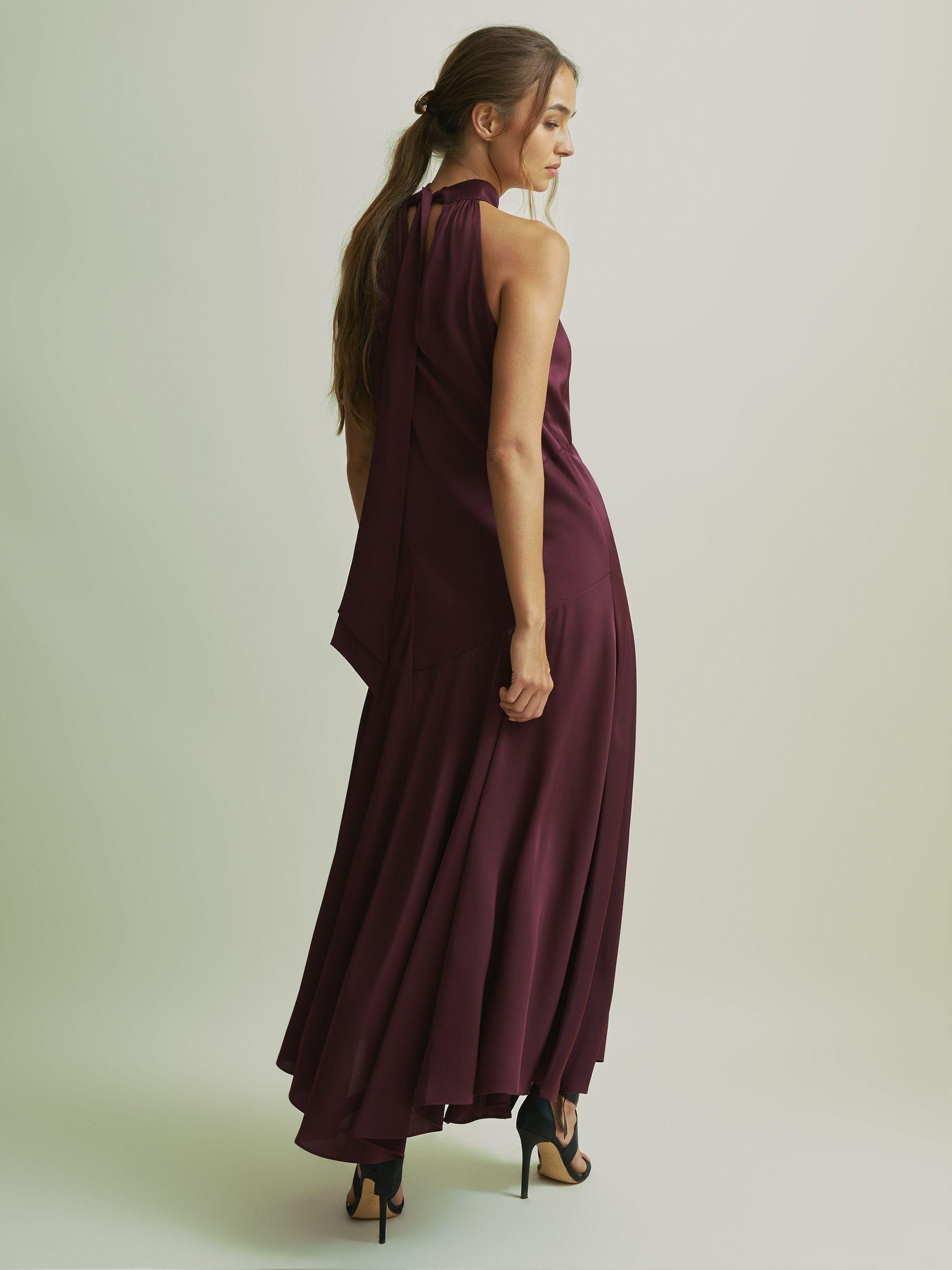 Florere Halter Neck Asymmetric Midi Dress in Burgundy Product Image