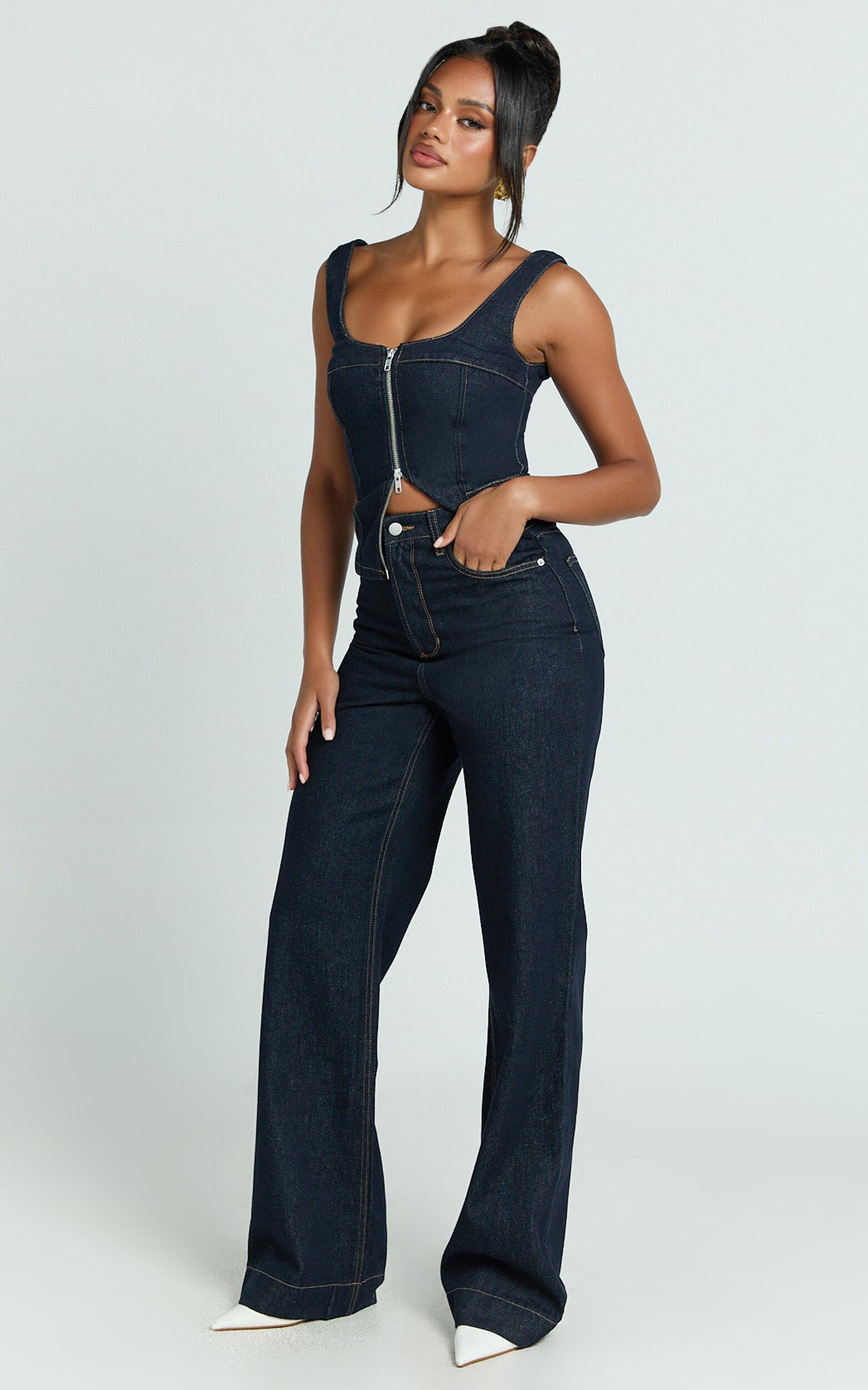 Emman Jeans - High Waisted Cotton Wide Leg Denim Jeans in Raw Denim with Tobacco Stitch Product Image