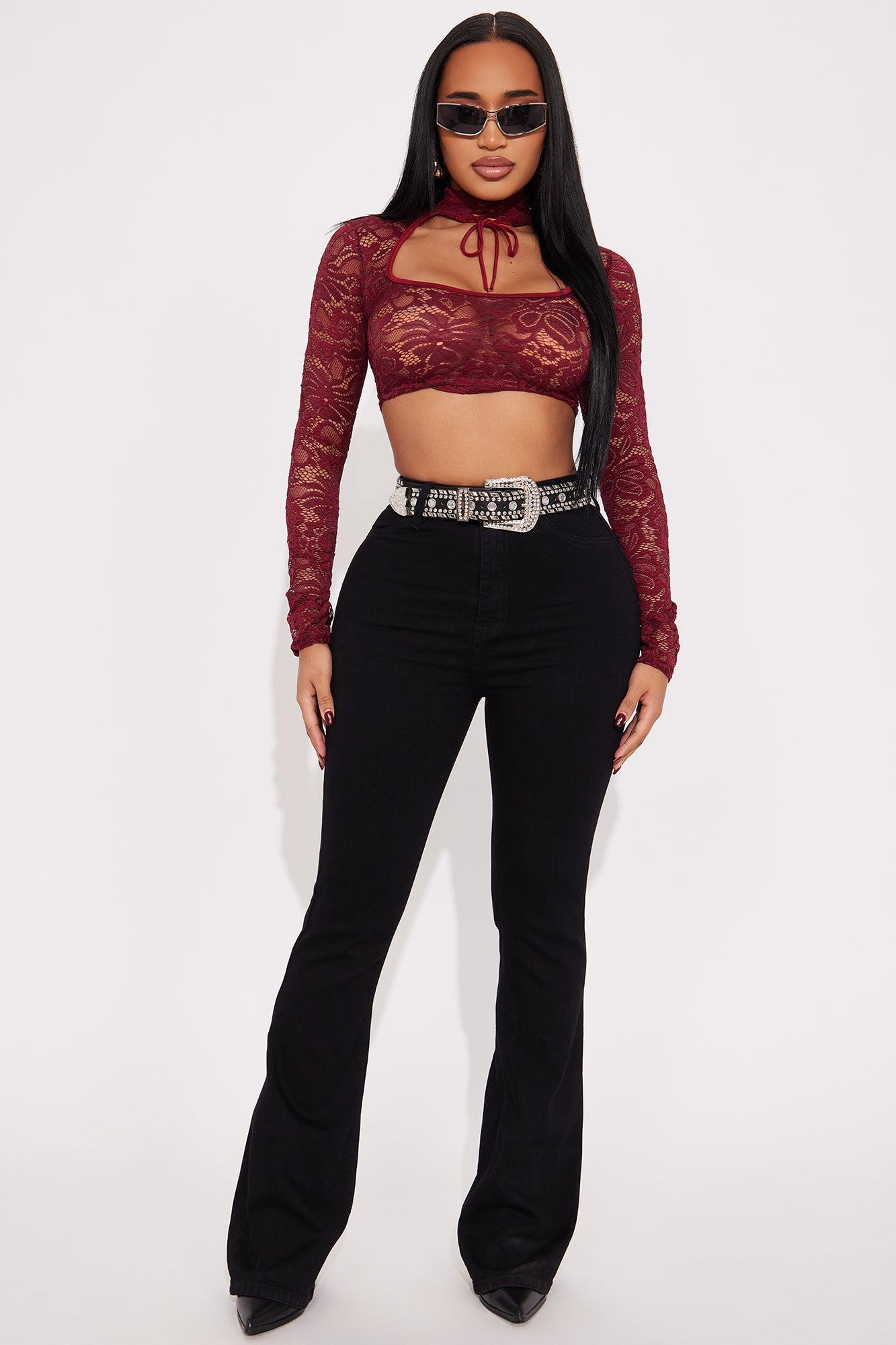 Ivey Lace Mock Neck Long Sleeve Top - Burgundy Product Image