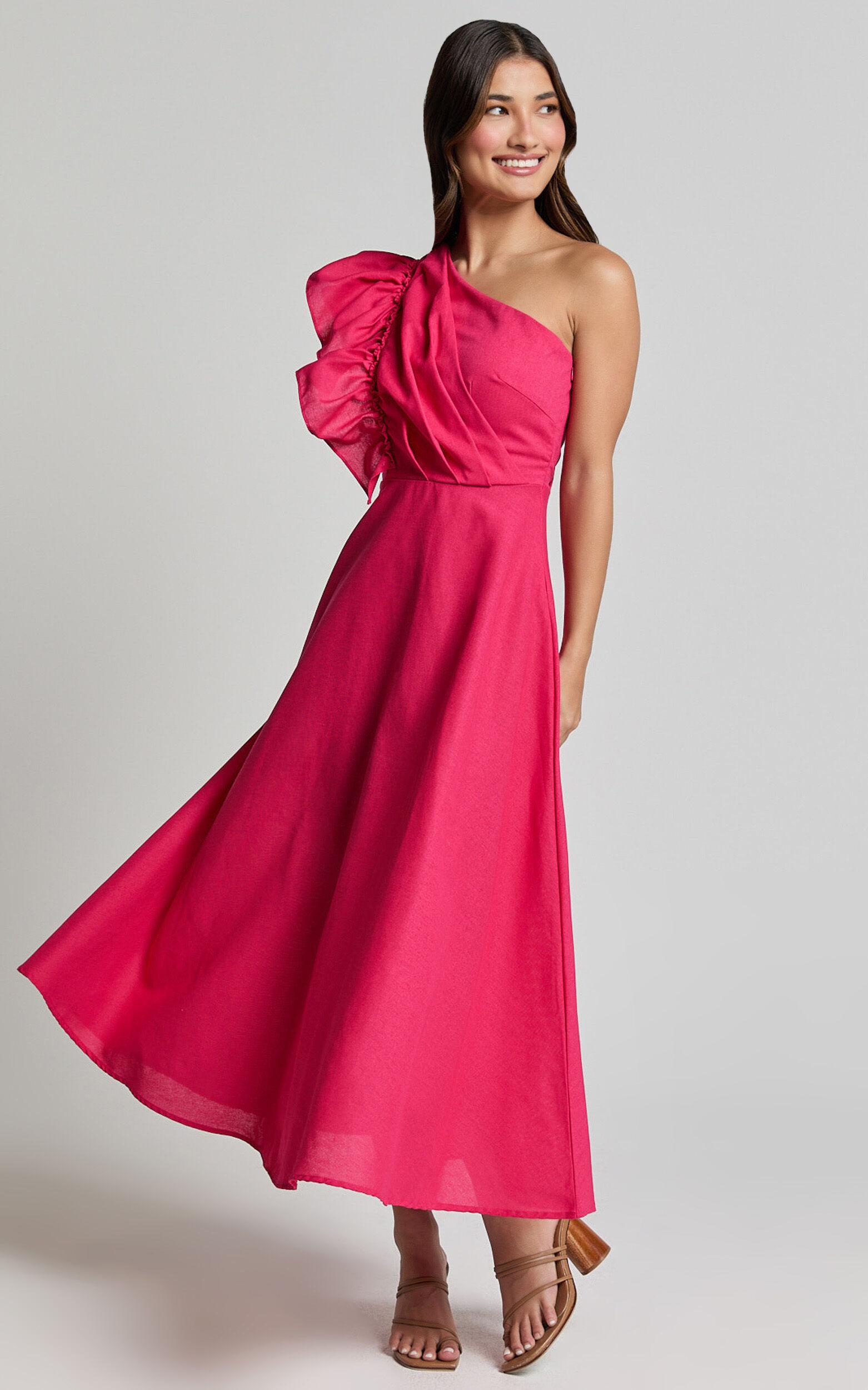 Dixie Midi Dress - Linen Look One Shoulder Ruffle Dress in Raspberry Product Image