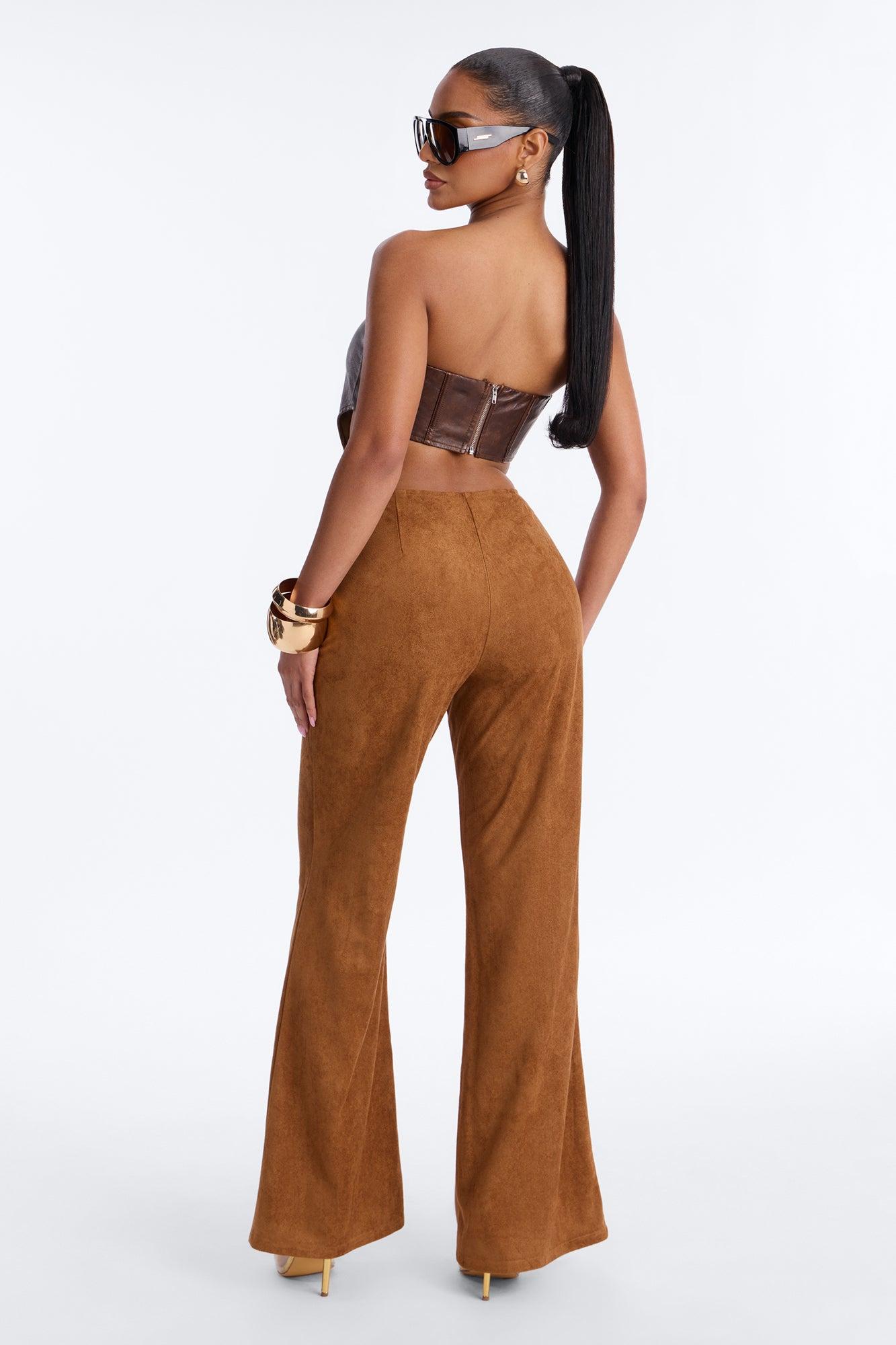 Out West Faux Suede Lace Front Straight Leg Pant - Camel Female Product Image