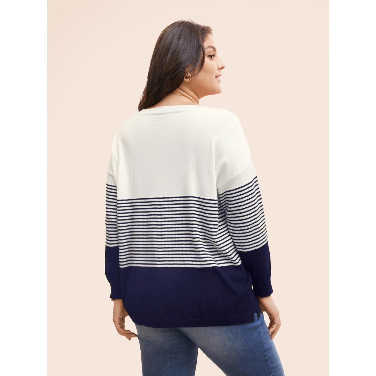 Plus Size Supersoft Essentials Striped Contrast Pullover Midnight Women Workwear Essentials Long Sleeve V-neck Work Pullovers BloomChic 10/M Product Image