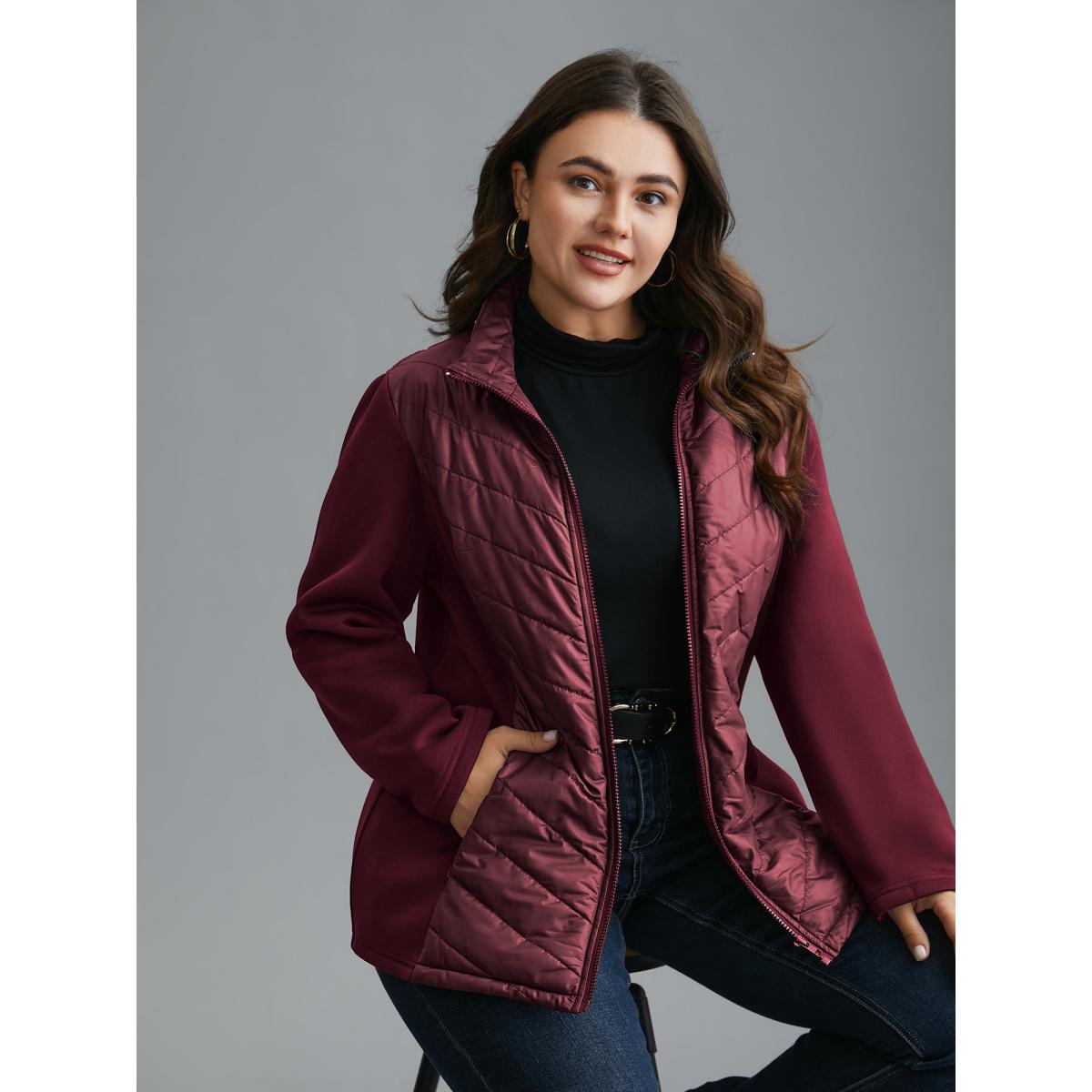 Plus Size Funnel Neck Contrasting Design Zipper Coat Women Burgundy Casual Topstitching Ladies Everyday Winter Coats BloomChic 12/L Product Image