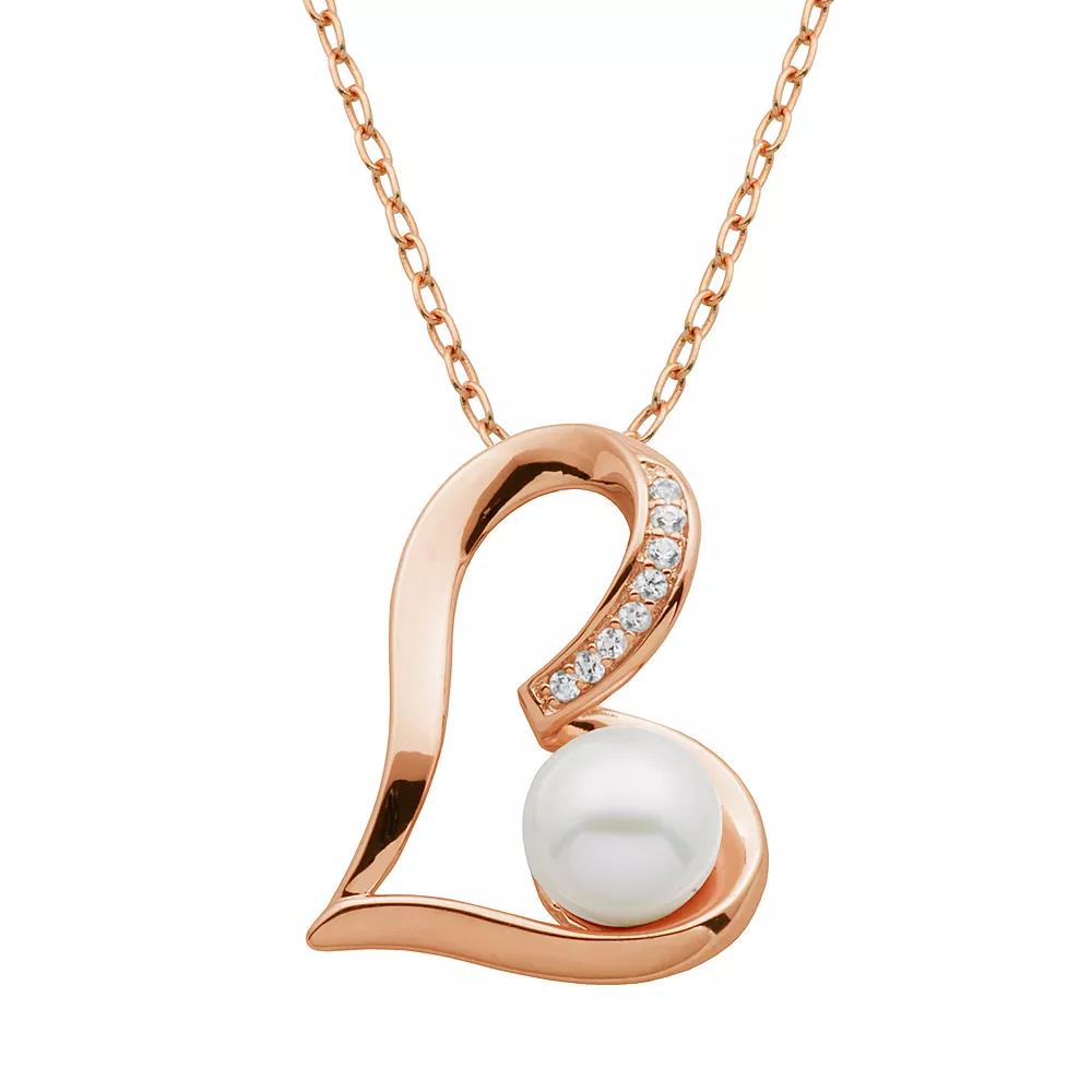 Freshwater Cultured Pearl and Lab-Created White Sapphire 18k Rose Gold Over Silver Heart Pendant Necklace, Women's, Size: 18" Product Image