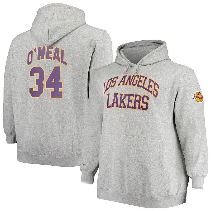 Men's Mitchell & Ness Shaquille O'Neal Heathered Gray Los Angeles Lakers Big & Tall Name & Number Pullover Hoodie, Size: 2XB, Grey Product Image