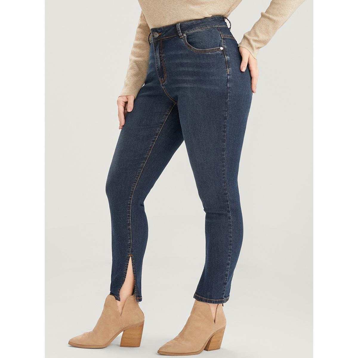 Plus Size Mom Jeans Skinny Moderately Stretchy High Rise Medium Wash Split Jeans Women Indigo Casual Plain Medium stretch Pocket Jeans BloomChic 30/6X Product Image