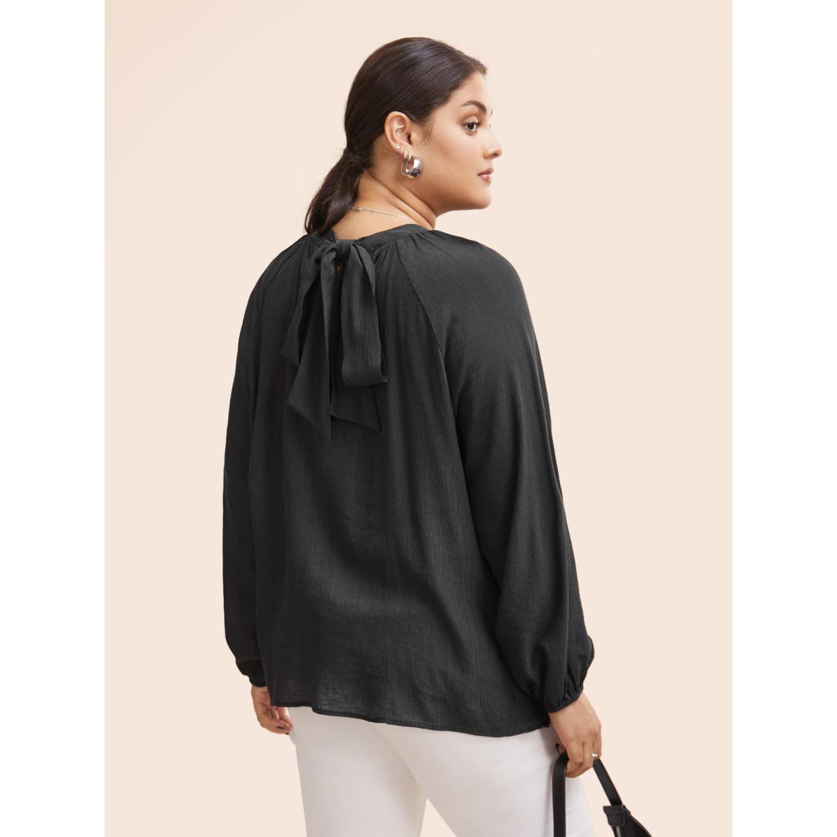 Plus Size Black Textured Ribbon Collar Blouse Women At the Office Long Sleeve Ribbon-tied collar Office Blouses BloomChic 30/6X Product Image