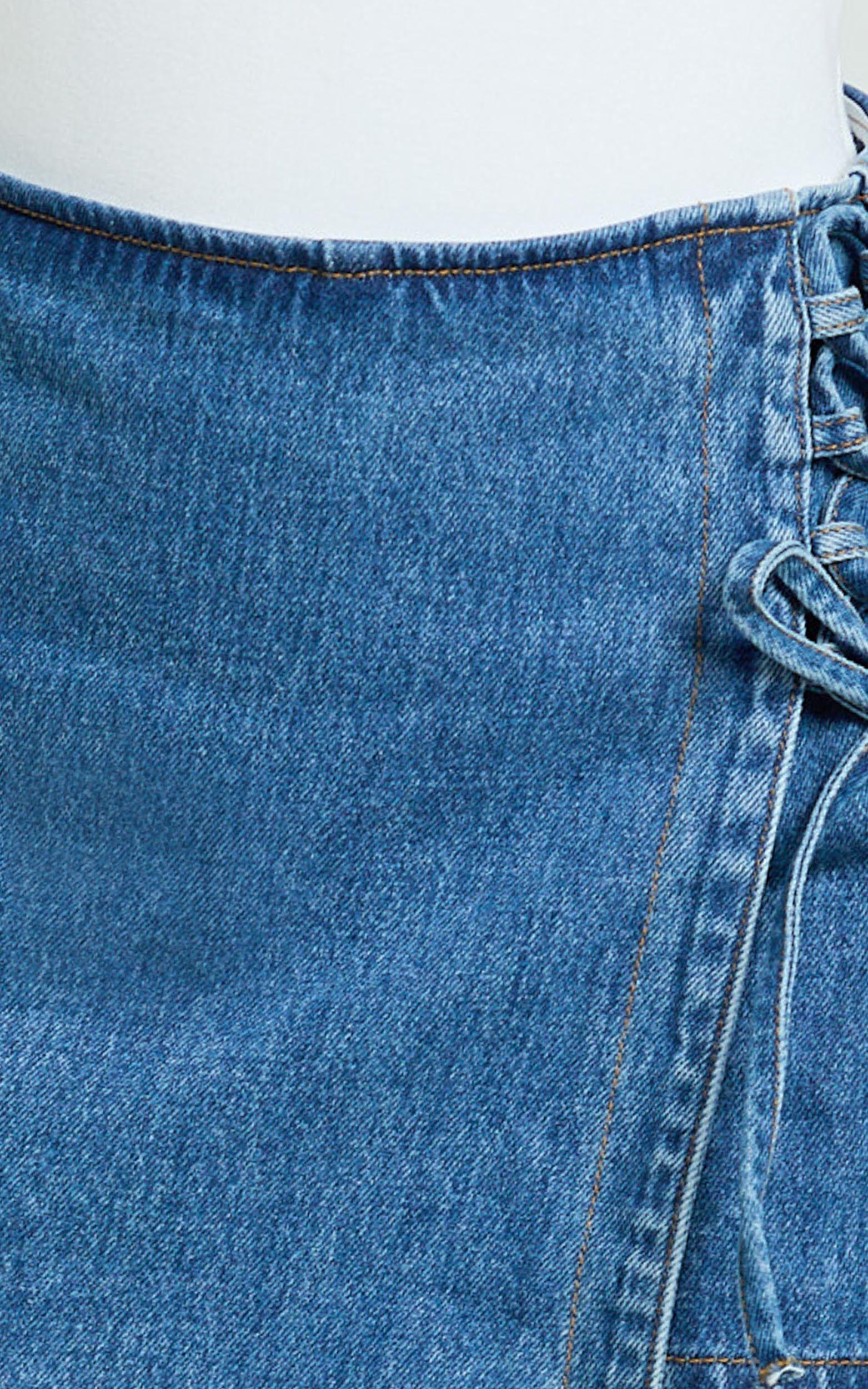 Ronnie Skort - Mid Waist Lace Up Denim Skort in Dark Blue Wash Product Image