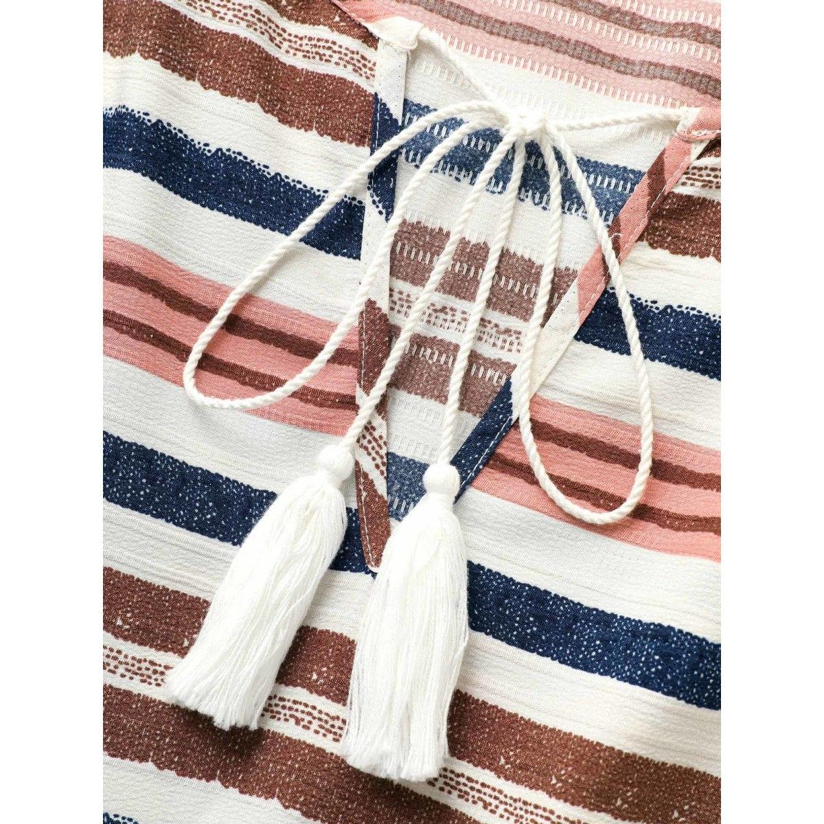 Plus Size Striped Elastic Waist Tassel Trim Gathered Dress Originalwhite Women Resort Flat collar with V-notch Short sleeve Curvy BloomChic 10/M Product Image