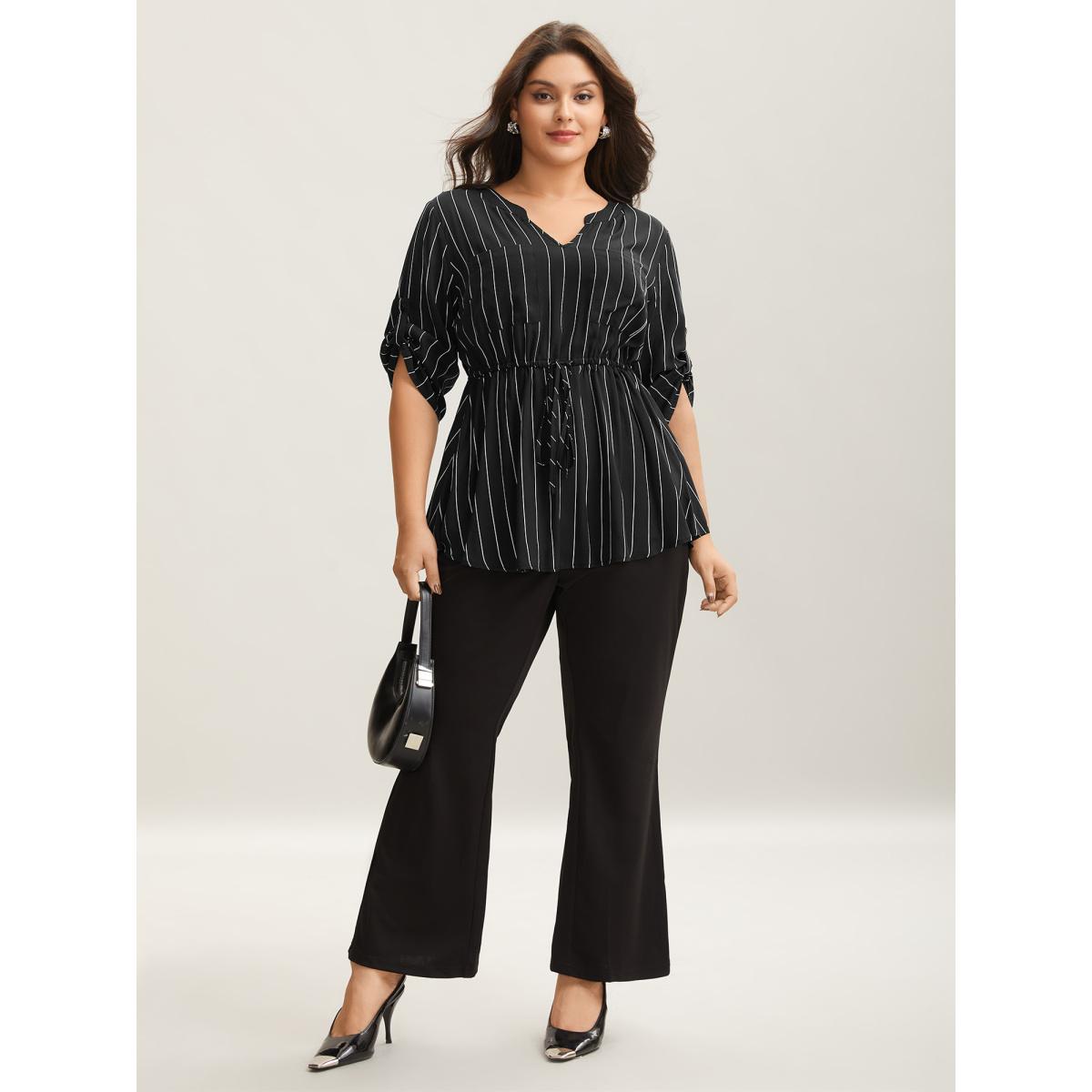 Plus Size Black Striped Waist-Tie Pockets Blouse Women Office Elbow-length sleeve Notched collar Office Blouses BloomChic 22-24/3X Product Image