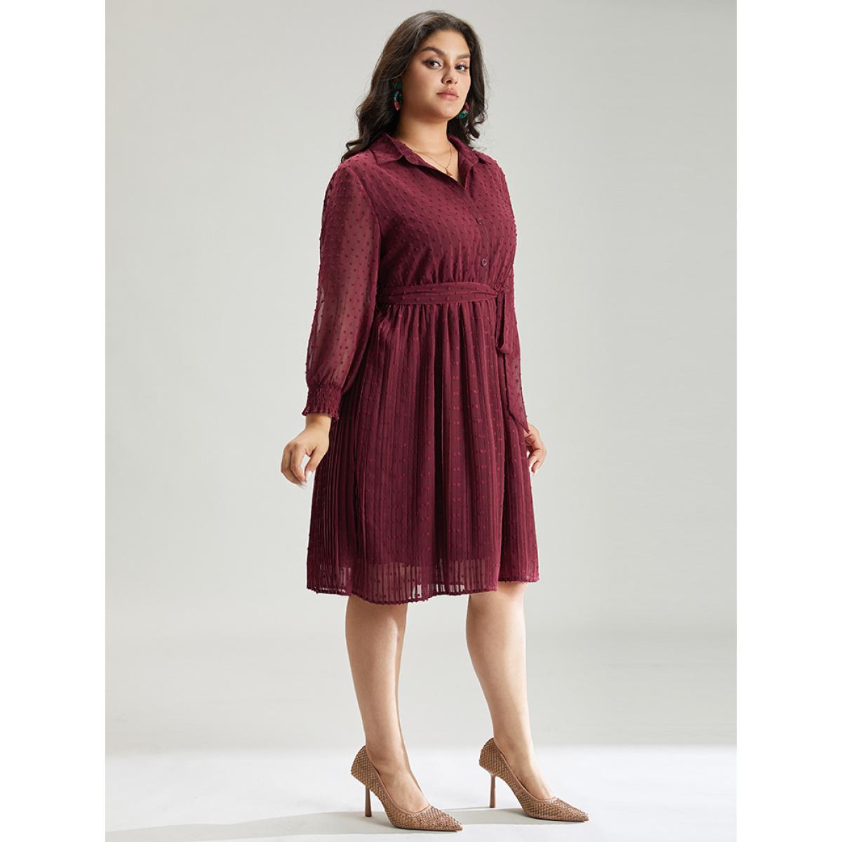 Plus Size Plain Textured Shirt Collar Gathered Belted Dress Scarlet Women Office Elastic cuffs Shirt collar Long Sleeve Curvy Midi Dress BloomChic 30/6X Product Image