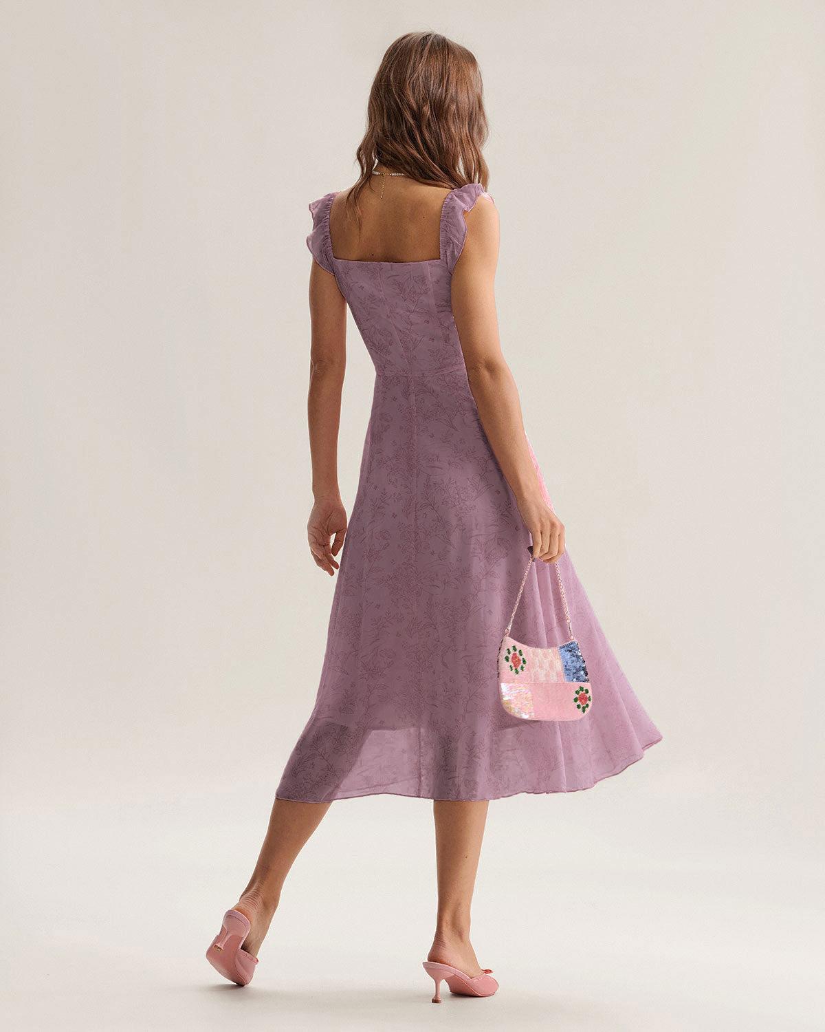 Purple Floral Square Neck Ruffle Slip Midi Dress Product Image