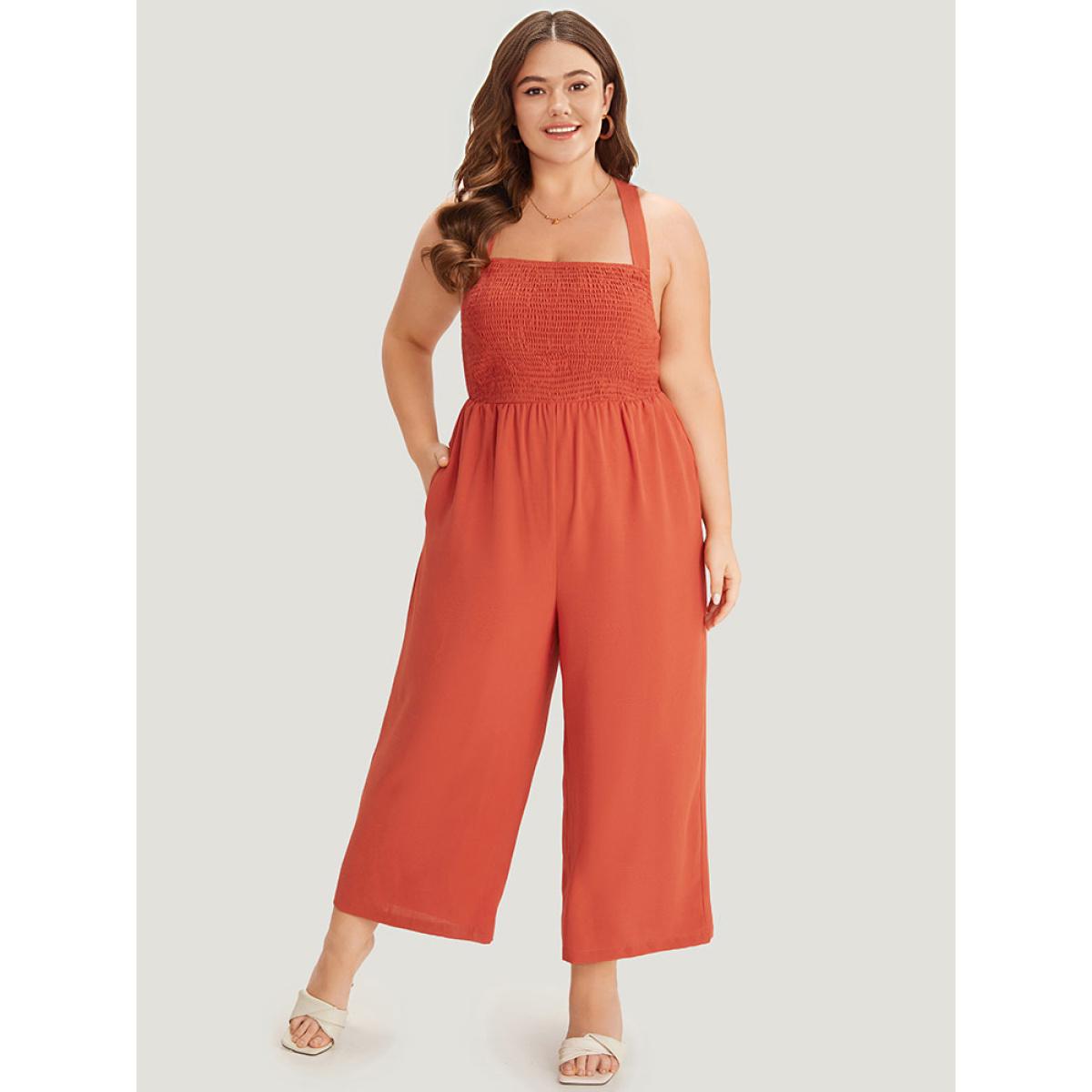 Plus Size Rust plain Gathered Shirred Pocket Cami Jumpsuit Women Elegant Sleeveless Spaghetti Strap Dailywear Loose Jumpsuits BloomChic 28/5X Product Image
