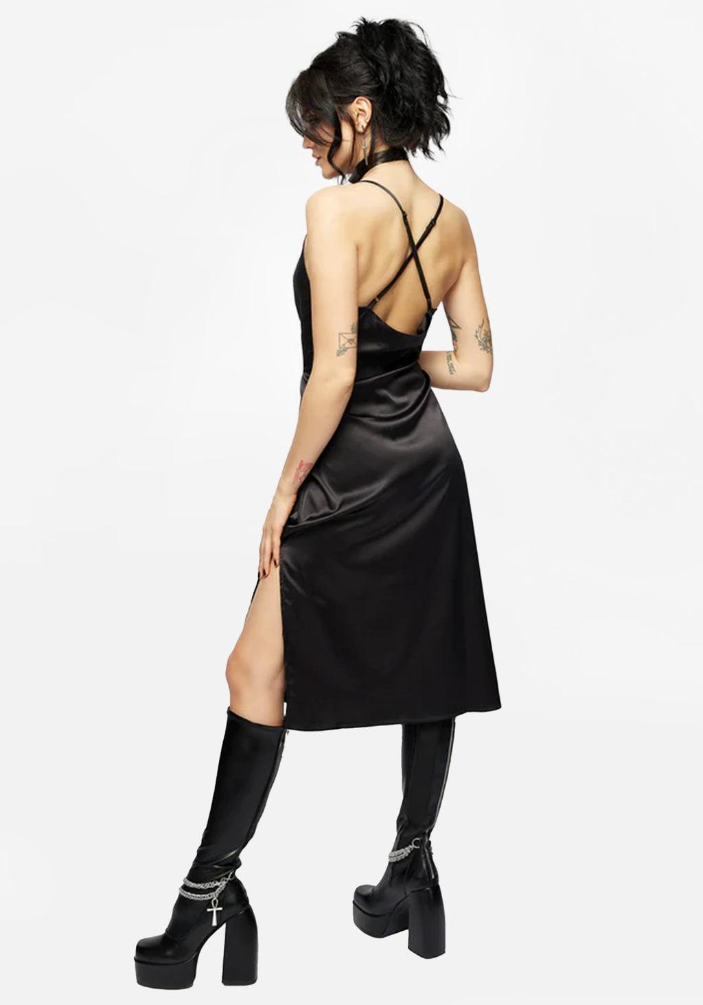 Medeina Cowl Neck Satin Midi Slip Dress - Midnight Black Product Image
